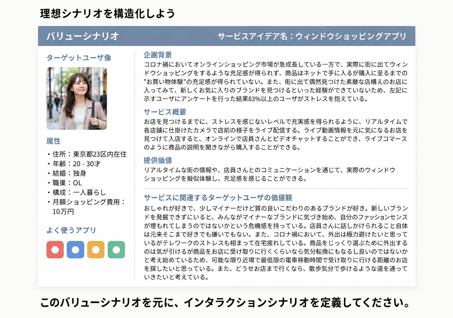 社内UIデザイン教科書より・バリューシナリオ(ターゲットユーザ像・企画背景・提供価値。人物写真はAI生成に差し替え)