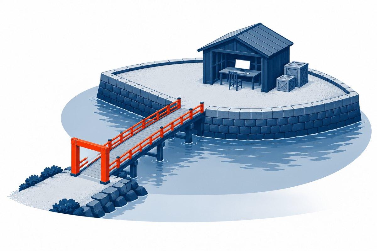 陸地と小さな人工島（出島）を1本の橋がつなぎ、島の小屋にパソコンの机がある挿絵