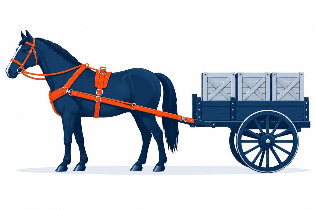 荷車を引く馬と、その体に付けた朱色の馬具（ハーネス）の挿絵