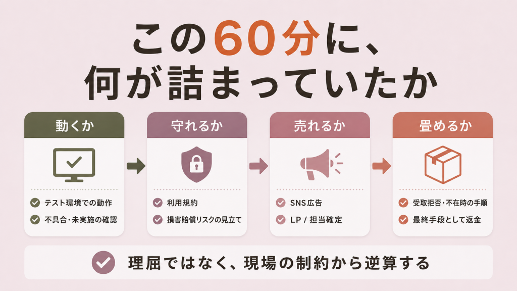 動くか・守れるか・売れるか・畳めるか、という四つの関門を左から右へ並べたフロー図。