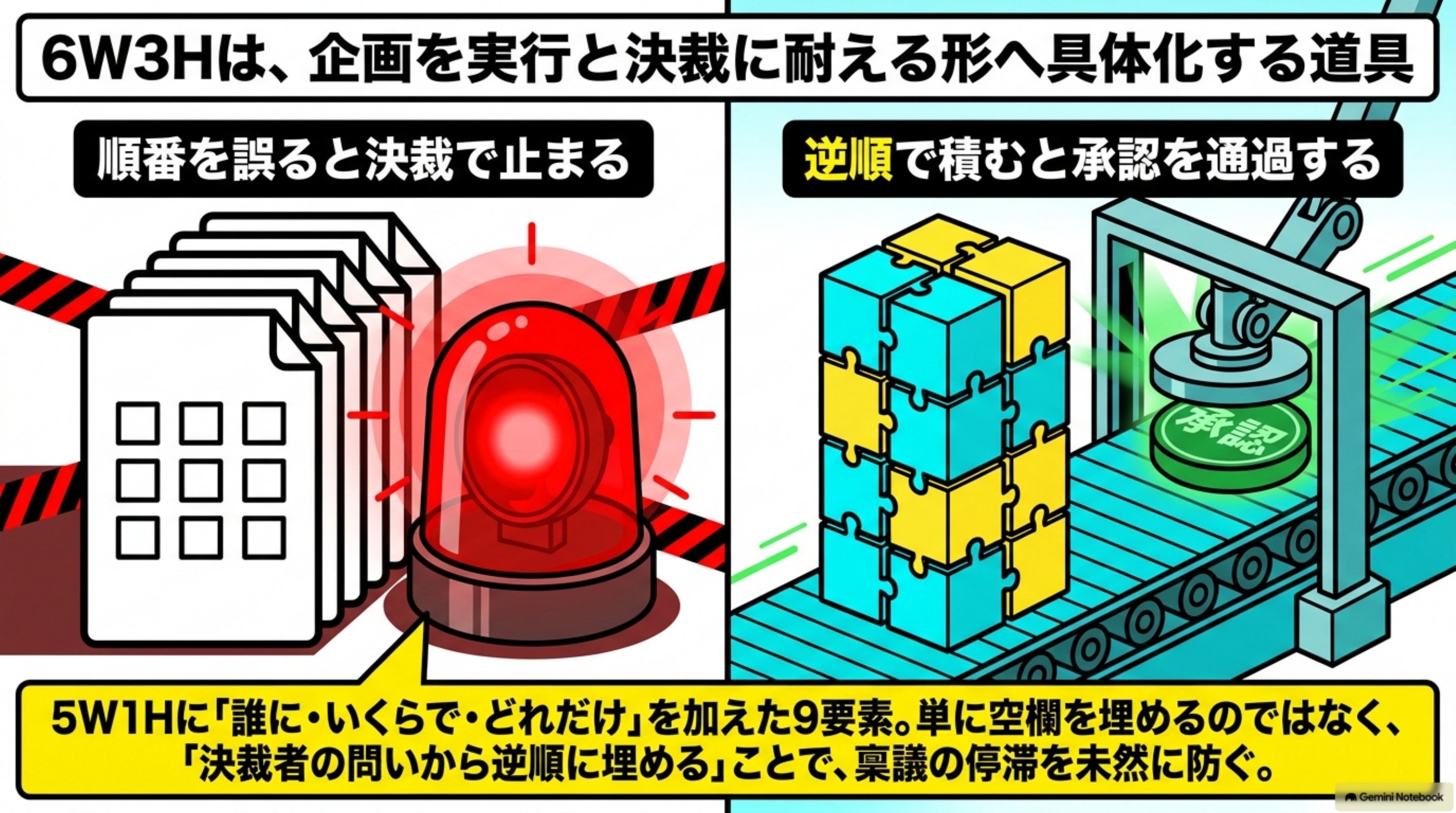 「6W3Hとは？9つの要素と使い方・5W1Hとの違い」の全体像をまとめた図解｜6W3Hは5W1Hに「誰に・いくらで・どれだけ」を加えた9要素のフレーム