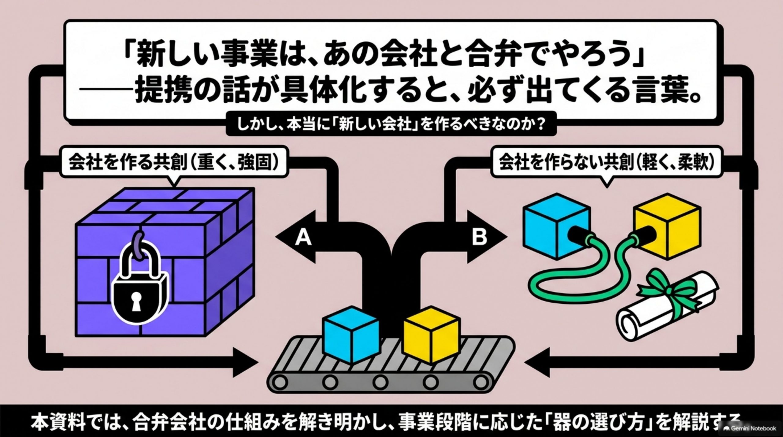 「合弁会社とは｜合同会社との違い、メリットと設立の流れ、作らない選択肢」の全体像をまとめた図解｜「新しい事業は、あの会社と合弁でやろう」——提携の話が具体化すると、必ず出てくるのがこの言葉です