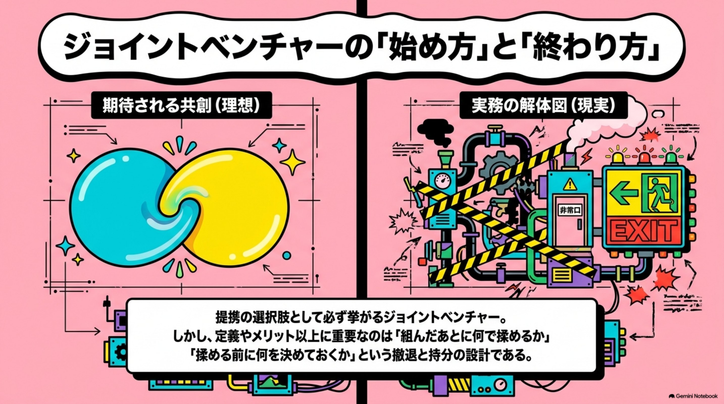 「ジョイントベンチャーとは｜メリット・デメリットと進め方、撤退条項の設計」の全体像をまとめた図解｜「あの会社と組んで、新しい事業をやれないか」——提携の検討が始まると、選択肢として必ず挙がるのがジョ…