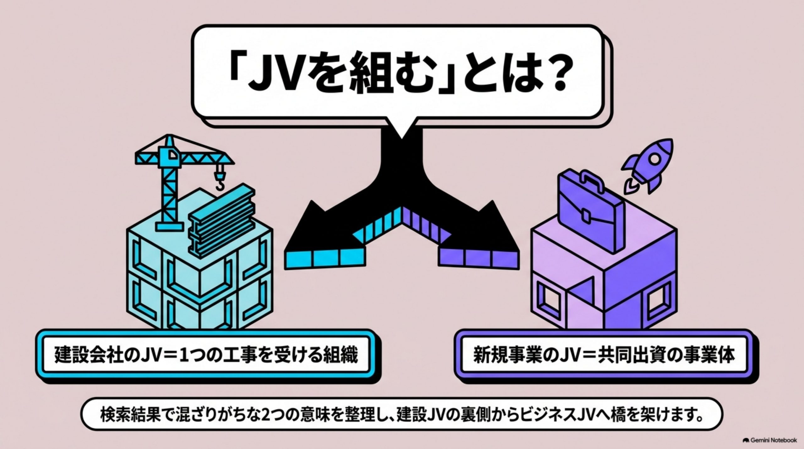 「JVとは｜建設の共同企業体と、ビジネスの共同出資の2つの意味」の全体像をまとめた図解｜「JVを組む」——この2文字は、聞く業界によって意味がまるで違います