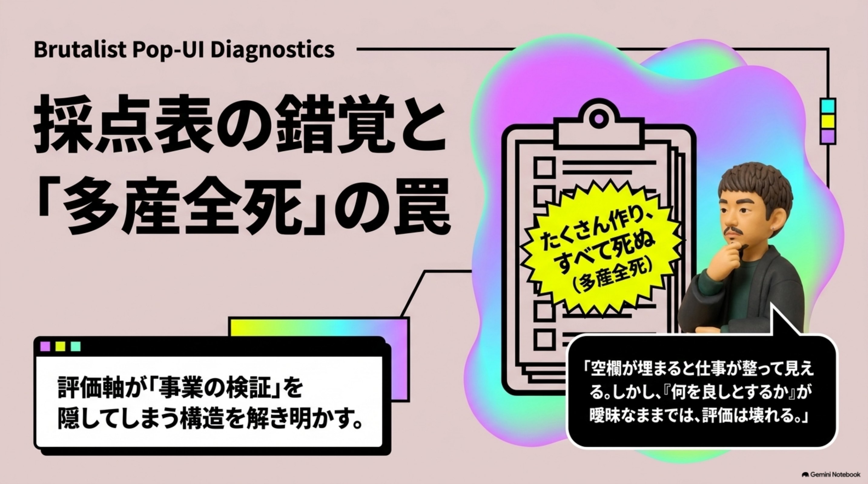 「新規事業の評価軸|6軸の作り方と評価基準・評価シート」の全体像をまとめた図解|採点表を見ると、僕は少し安心します