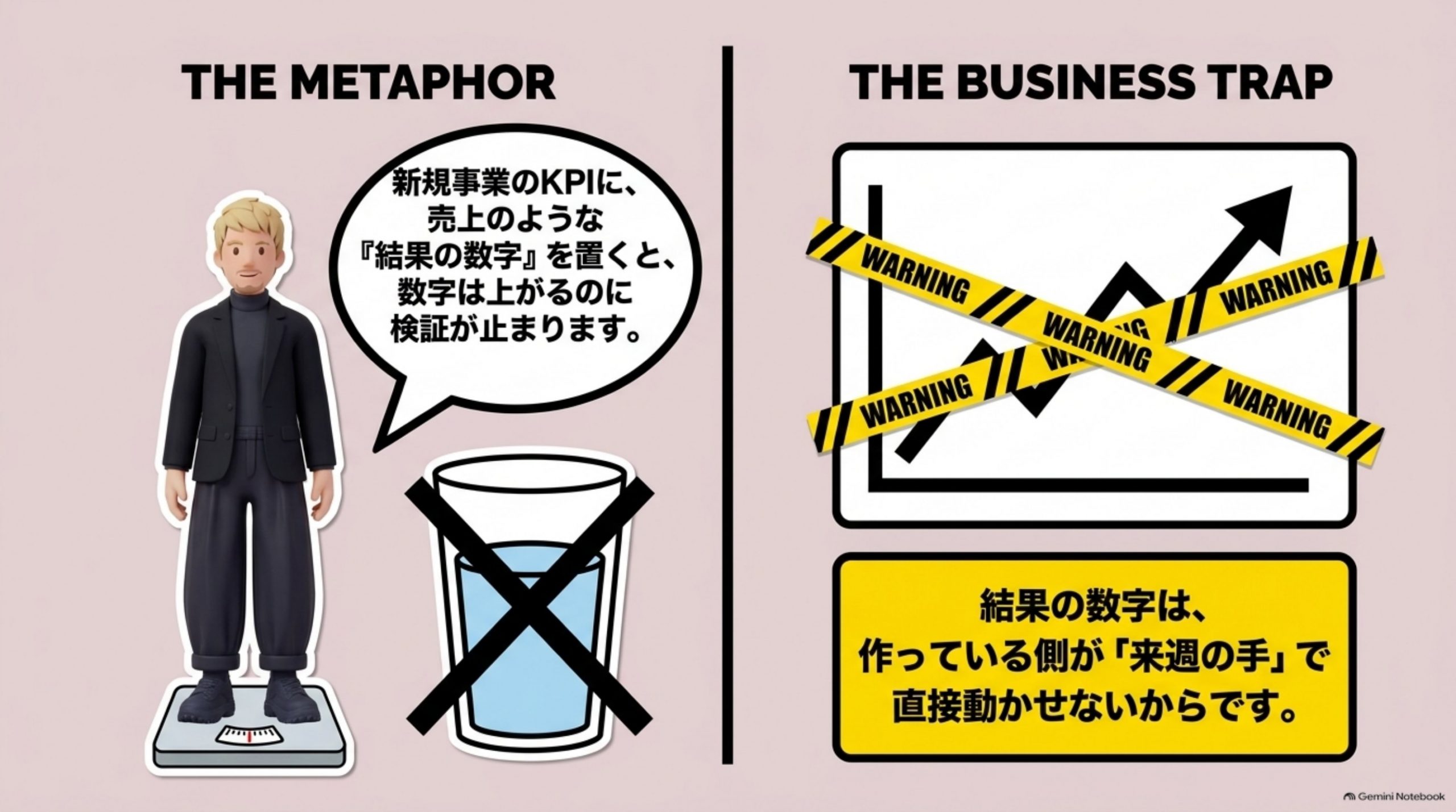 「新規事業のKPI｜設定方法と例、売上ではなく来週動かせる数字を置く」の全体像をまとめた図解｜去年、体重計を買いました