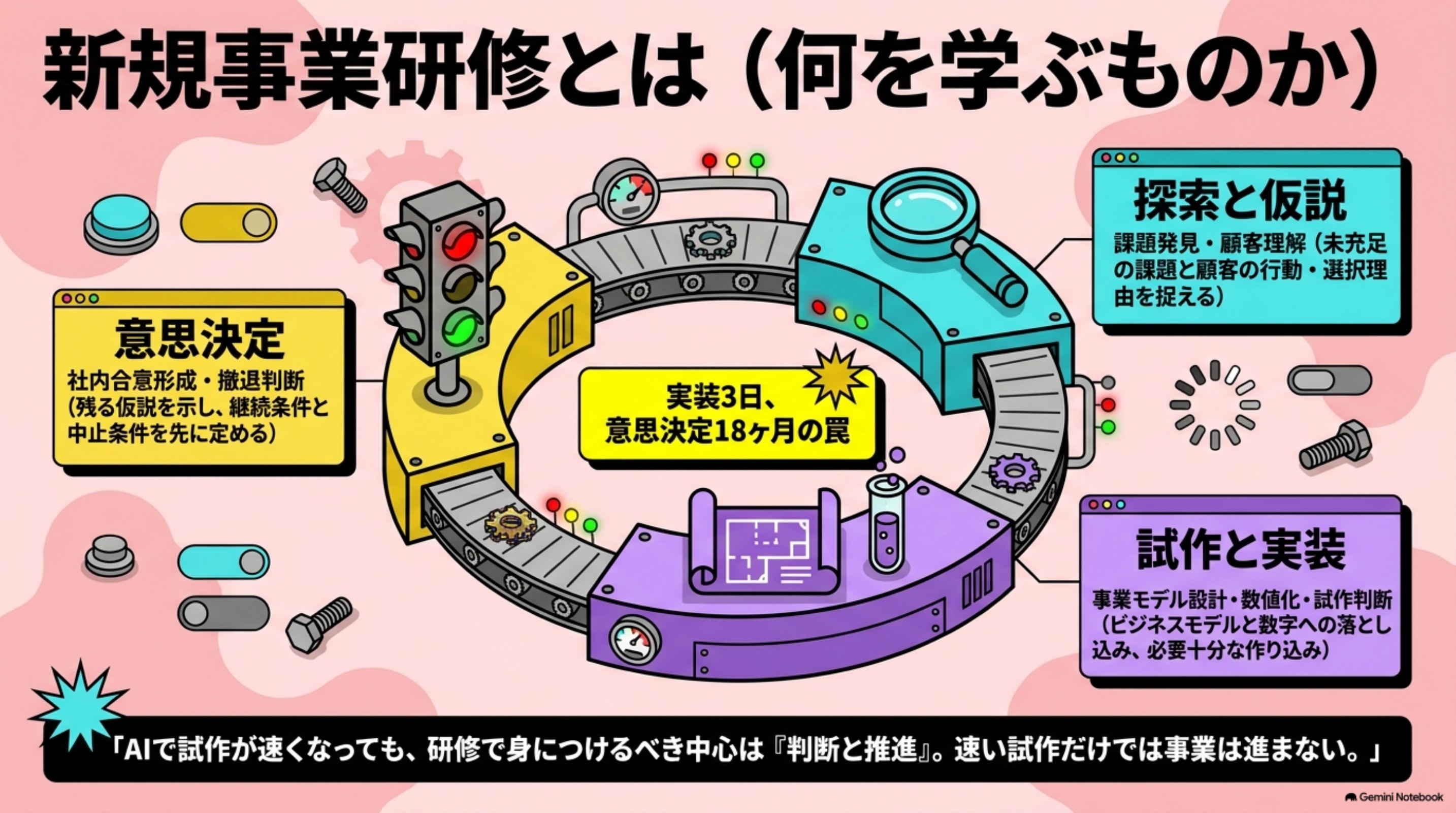 「新規事業研修とは（何を学ぶものか）」を図解したスライド｜新規事業研修とは、未知の顧客課題を見つけ、事業案を検証する進め方を学ぶ機会です