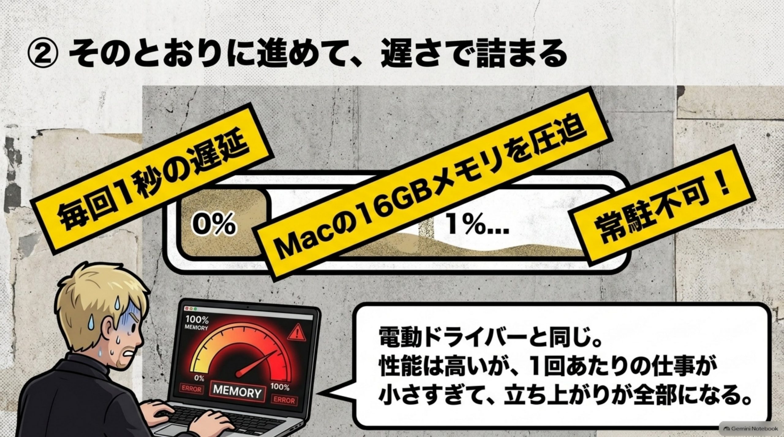 そのとおりに進めて、遅さで詰まる