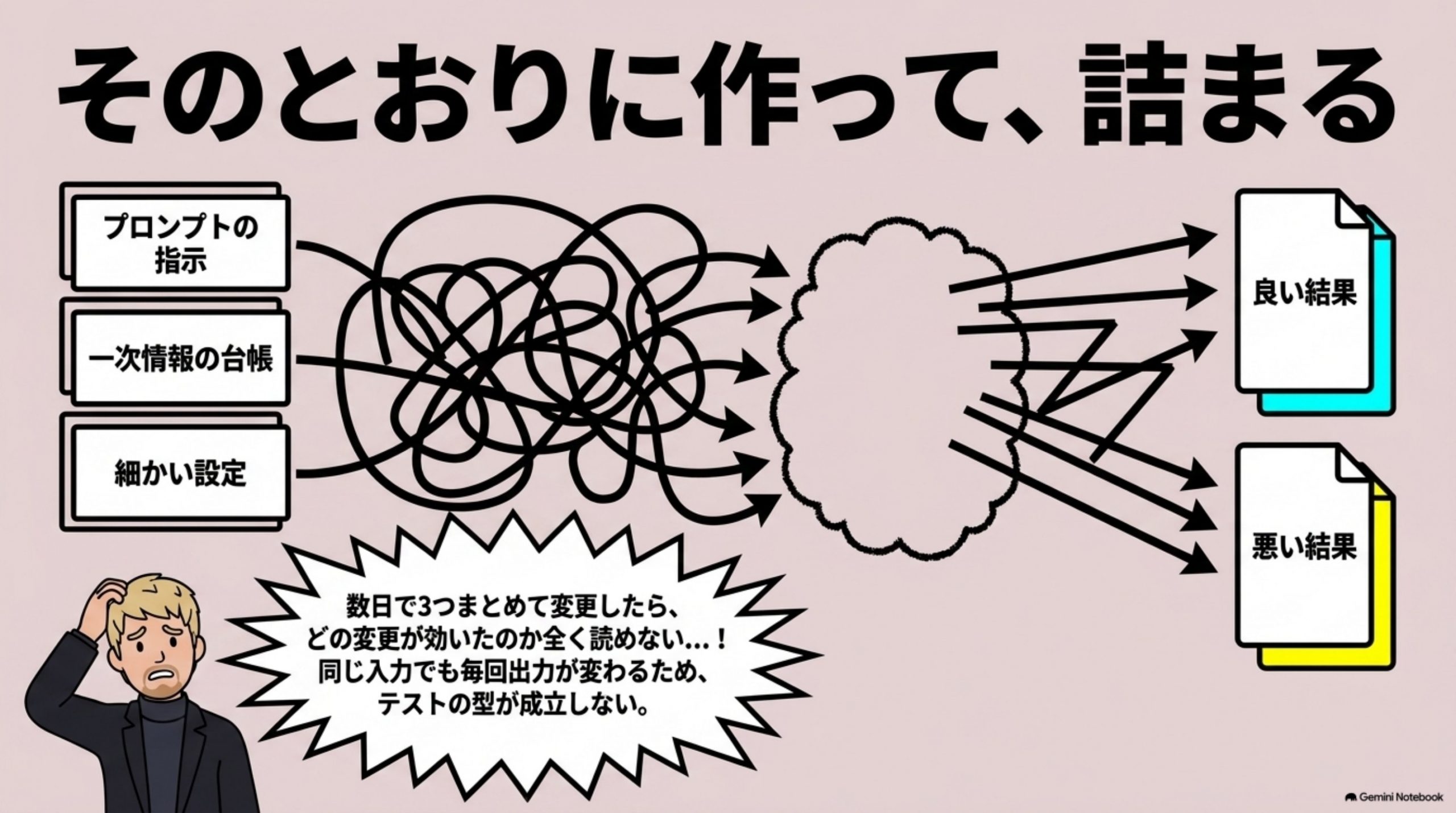 「そのとおりに作って、詰まる」を図解したスライド｜ところが、詰まりは直しを入れ始めてから来ました