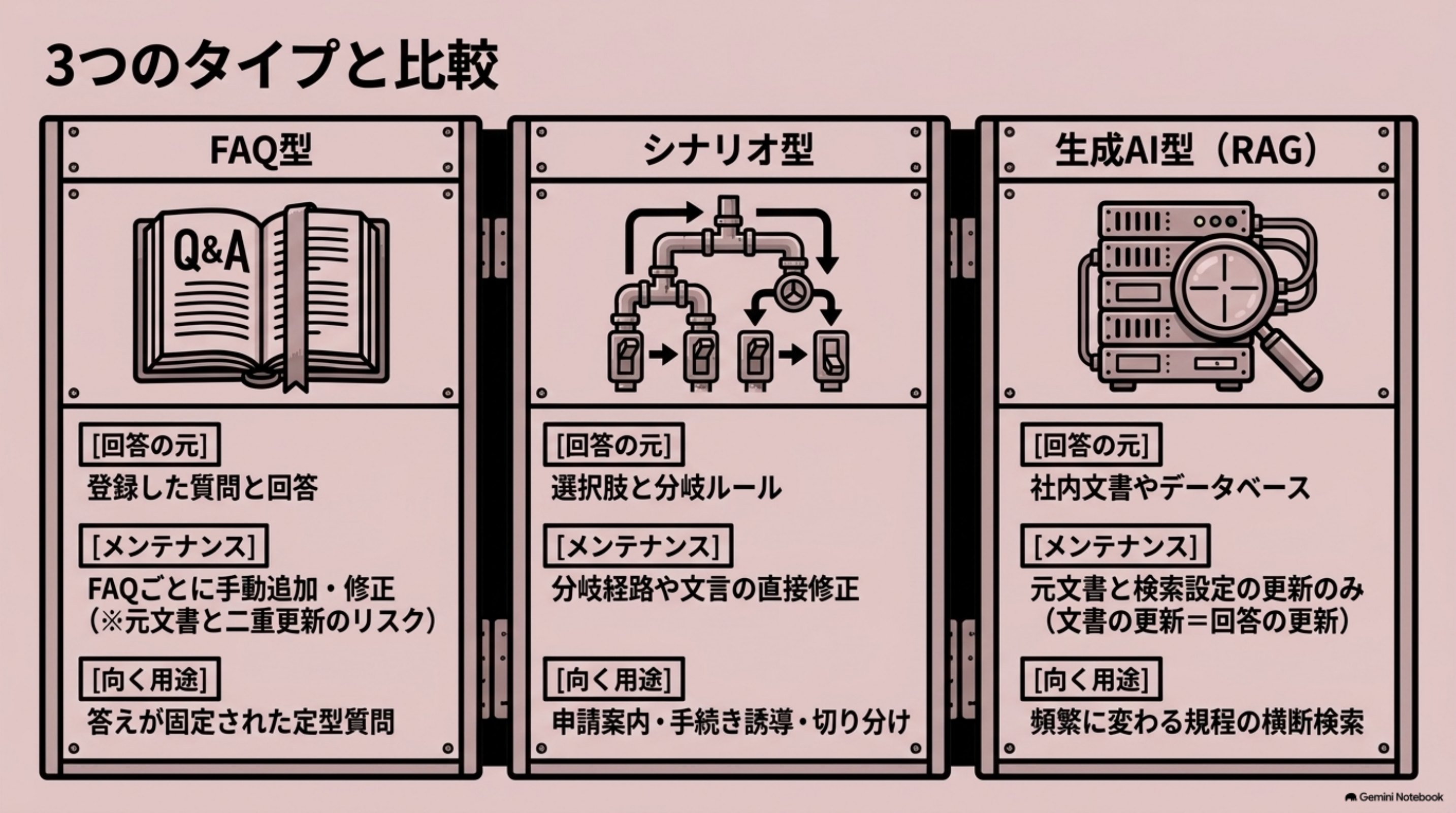 「3つのタイプ：FAQ型・シナリオ型・生成AI型」を図解したスライド｜比較では、画面より「回答の元」と「更新方法」を見ます