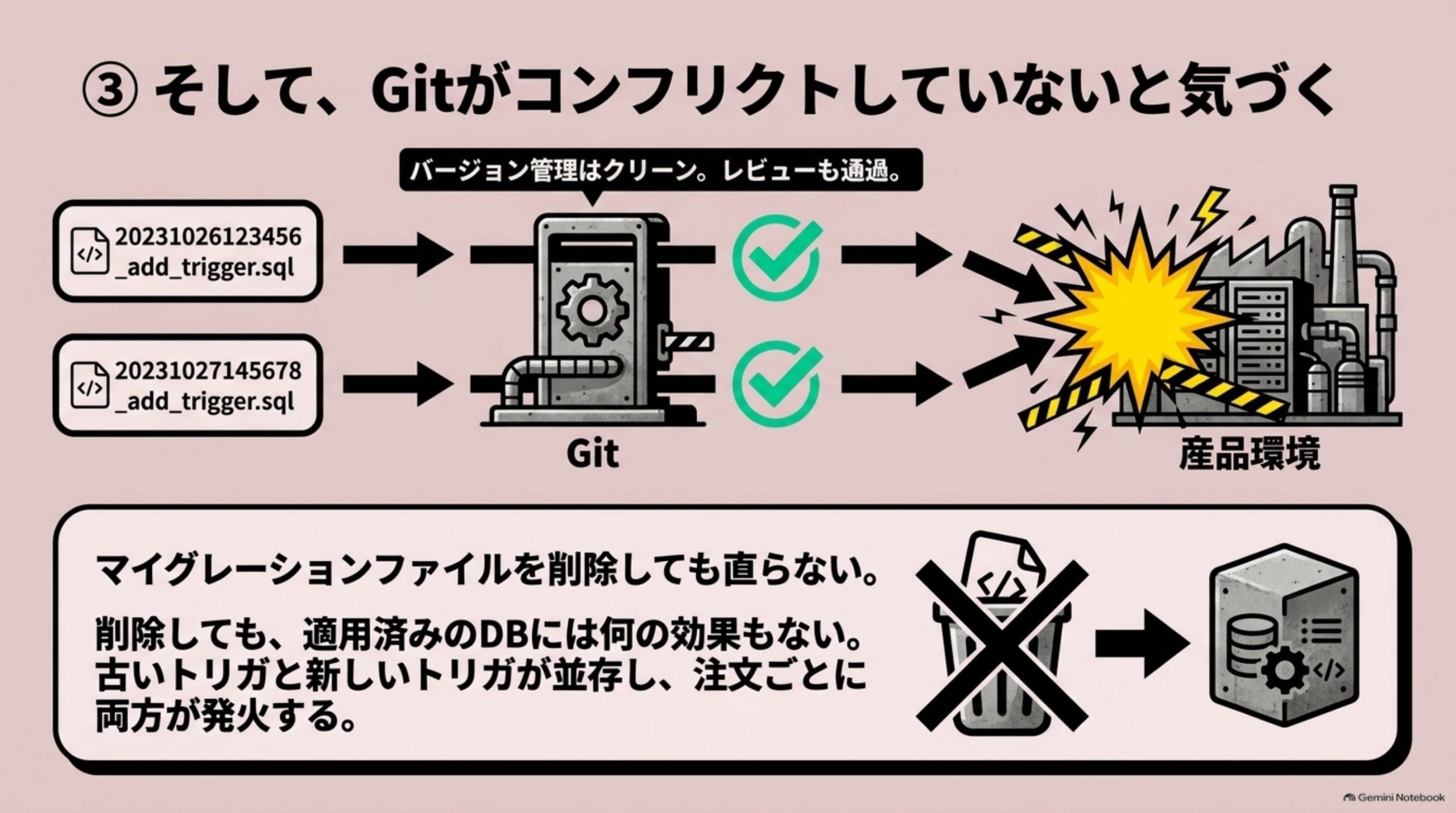 そして、Gitがコンフリクトしていないと気づく