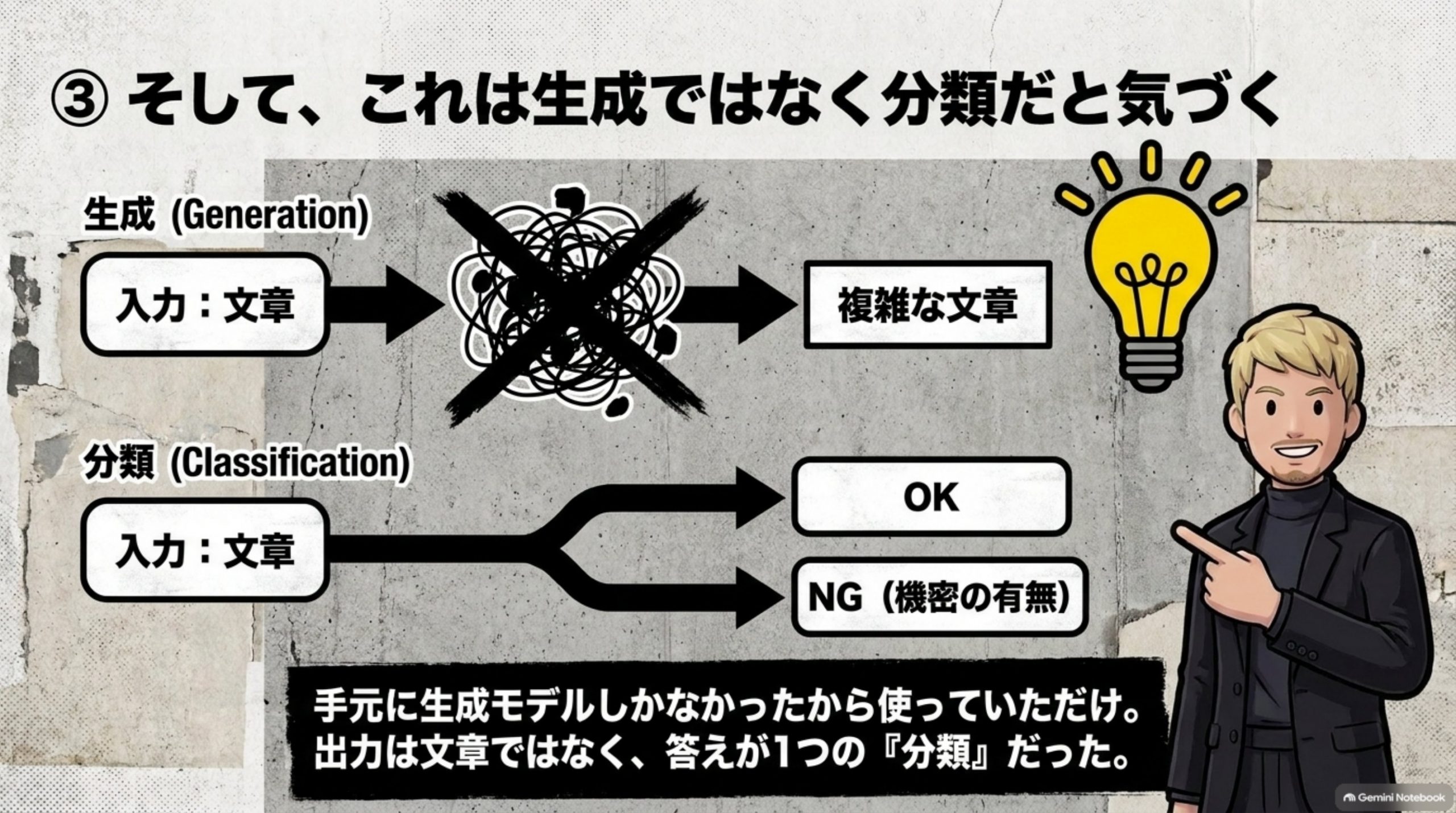 そして、これは生成ではなく分類だと気づく
