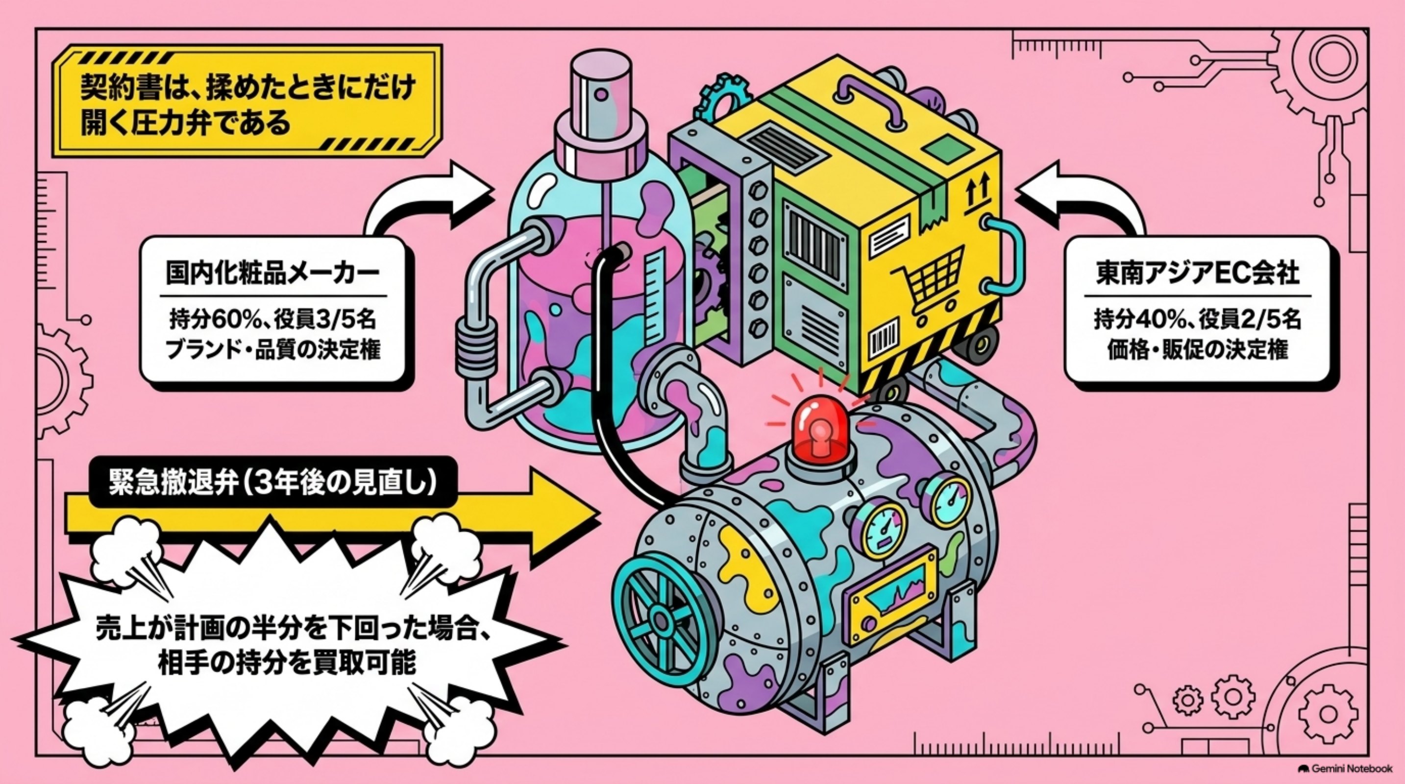「現場に置き換える｜化粧品メーカーの海外進出」を図解したスライド｜工程の言葉だけでは動きが見えないので、架空の場面に置き換えます