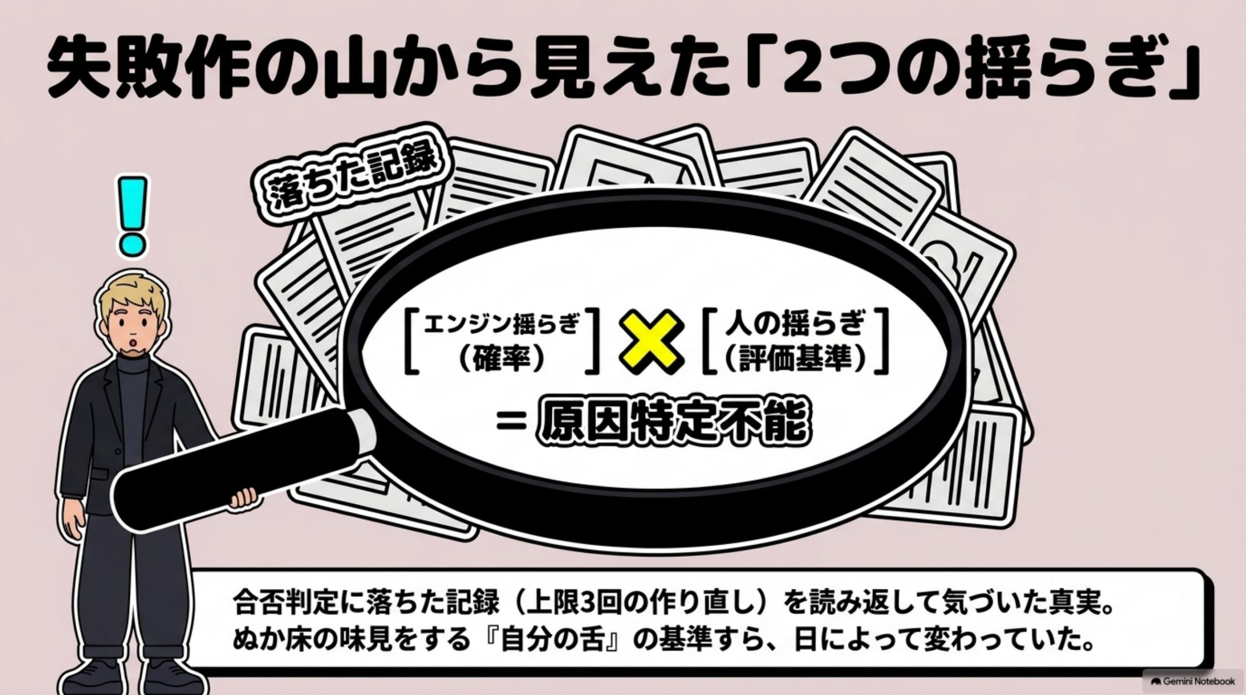 「どう気づいたか」を図解したスライド｜気づいたきっかけは、受け入れ判定に落ちた記事の記録を、まとめて読み返したことです