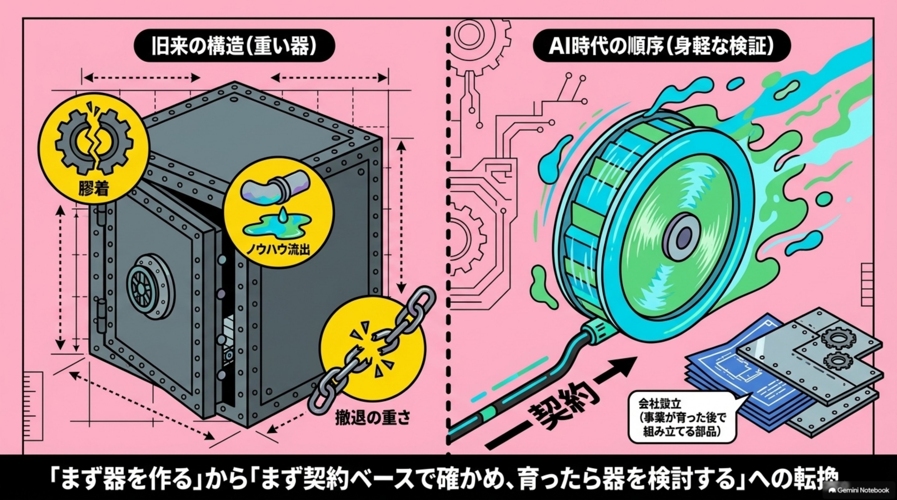 「欠陥と潮流｜膠着・流出・重さ。AI時代の順序」を図解したスライド｜ジョイントベンチャーの構造的な難所は3つです