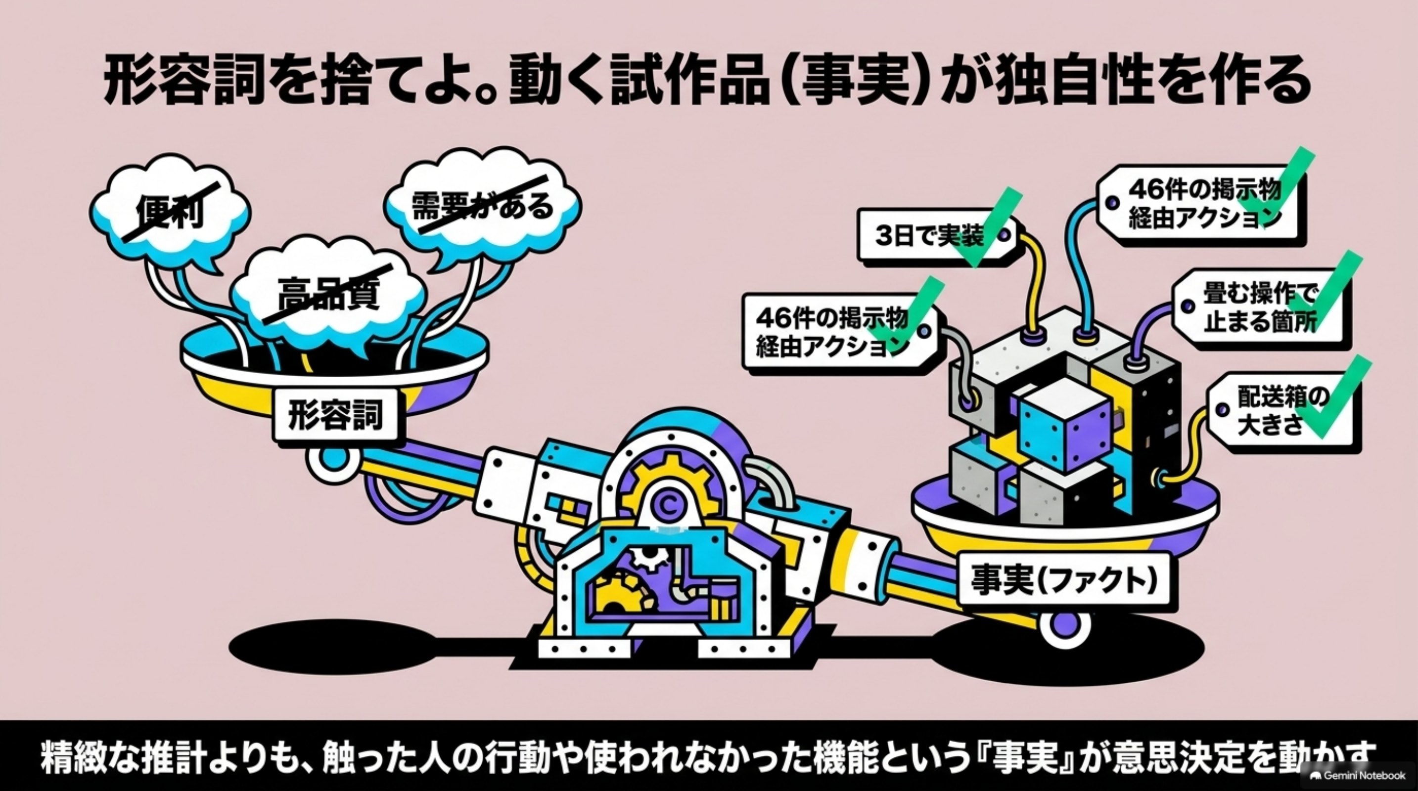 「テンプレート活用の弊害と独自性を消さない答え」を図解したスライド｜テンプレートは、必要な情報の漏れを防ぎ、関係者の会話を揃えます