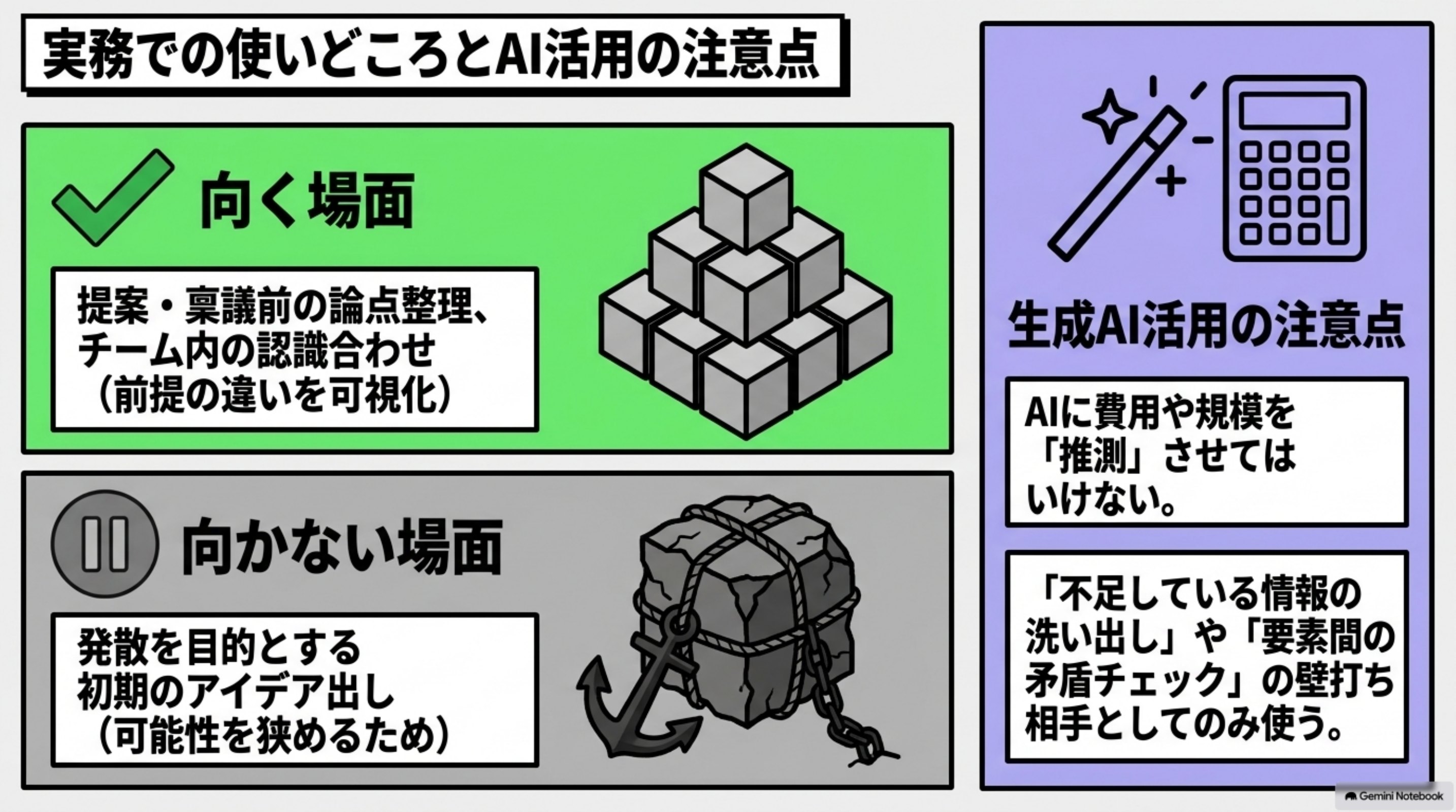 「使いどころと注意点」を図解したスライド｜6W3Hは、複数の関係者が同じ企画を判断するときに力を発揮します
