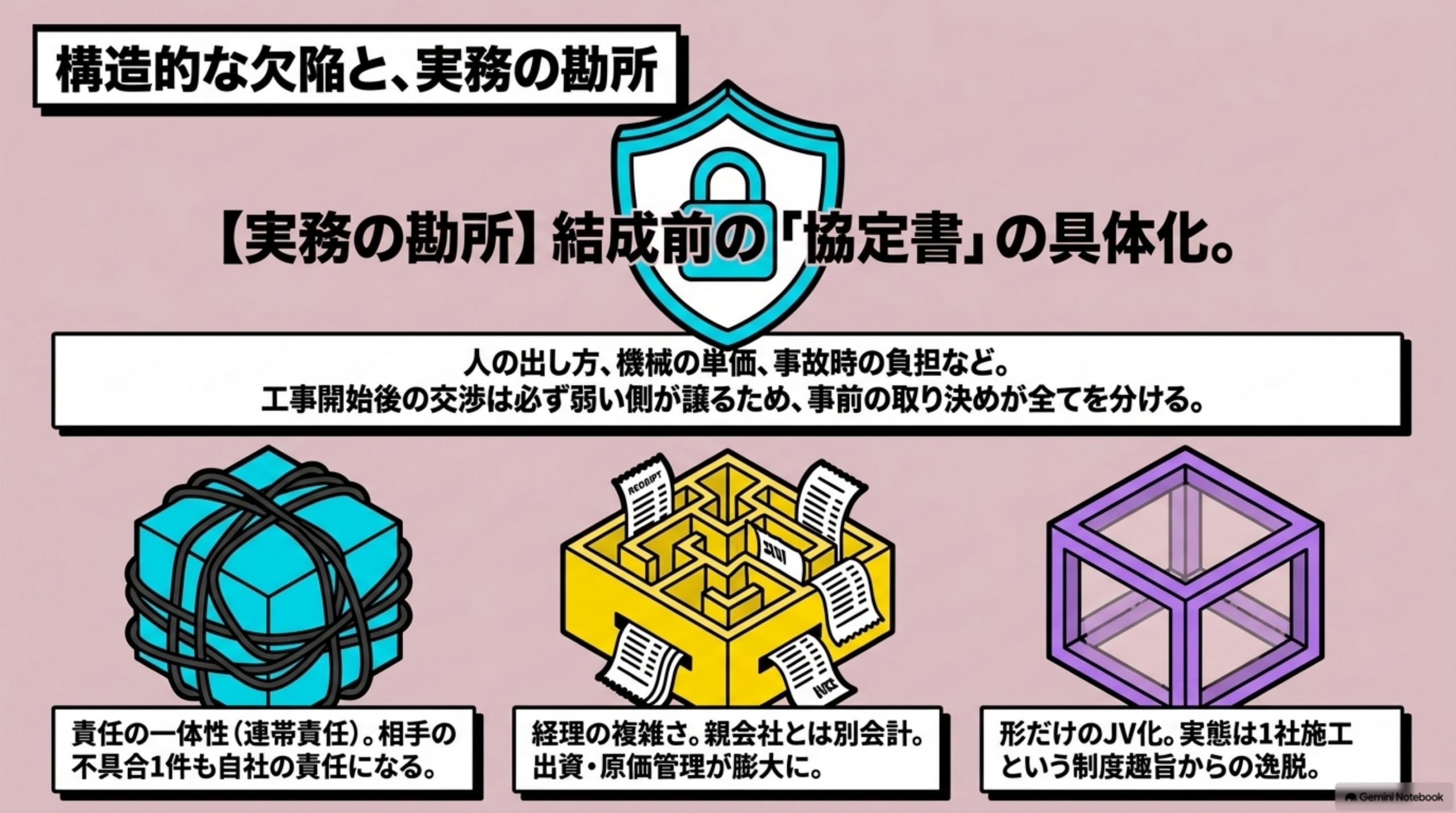 「欠陥と実務の勘所」を図解したスライド｜建設JVの構造的な難所は3つです