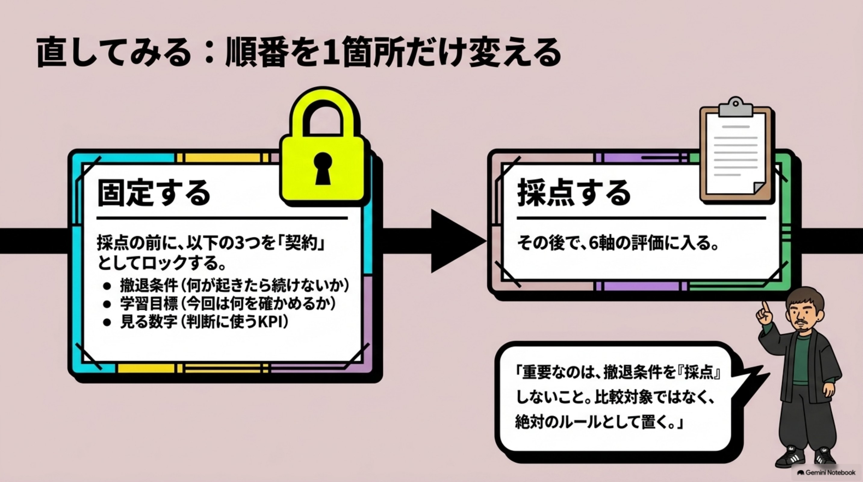 「⑤ 直してみる — 1箇所だけ直す」を図解したスライド|直したのは、評価項目ではありません