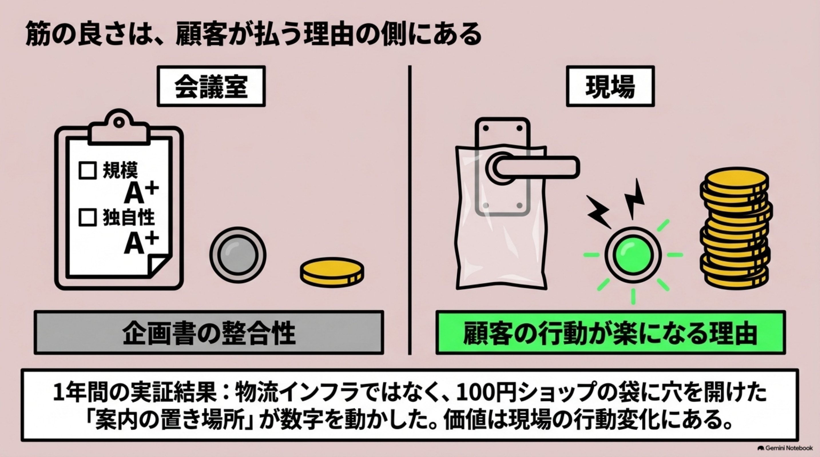 「筋の良さは、顧客が払う理由の側にある」を図解したスライド｜先行事例の収集は有効です