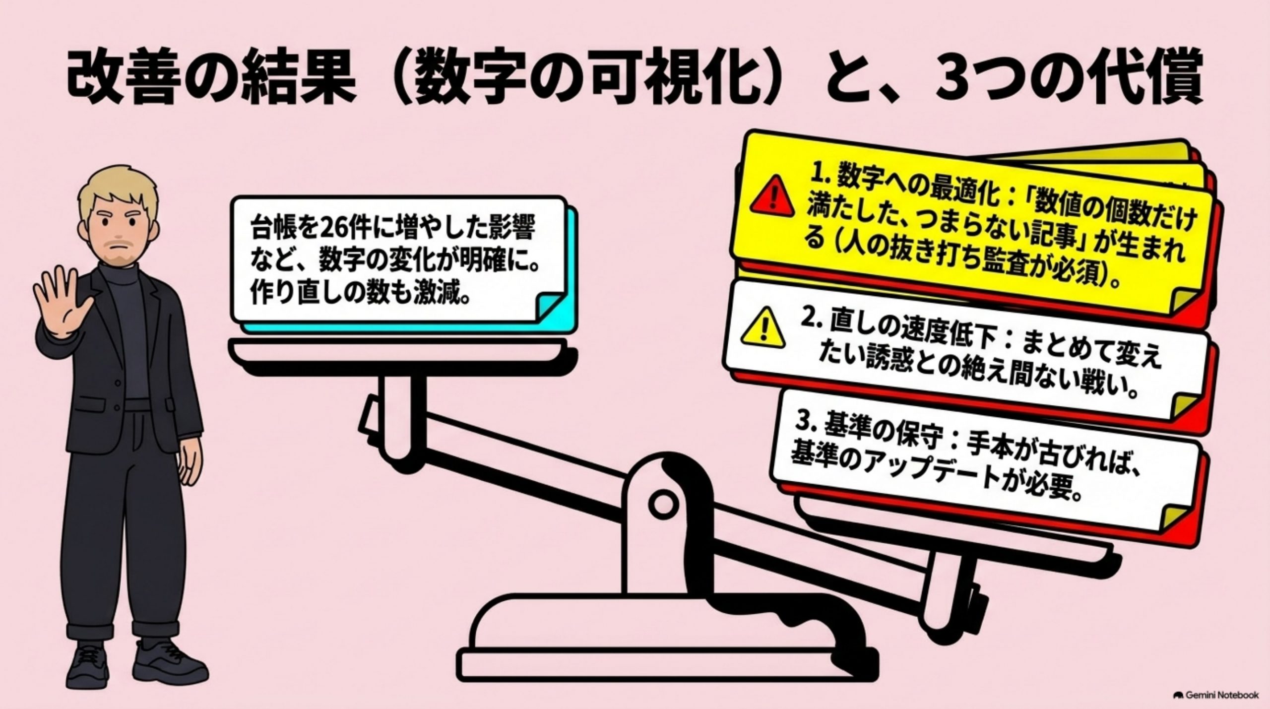 「何が変わったか」を図解したスライド｜変更の影響が、数字で見えるようになりました