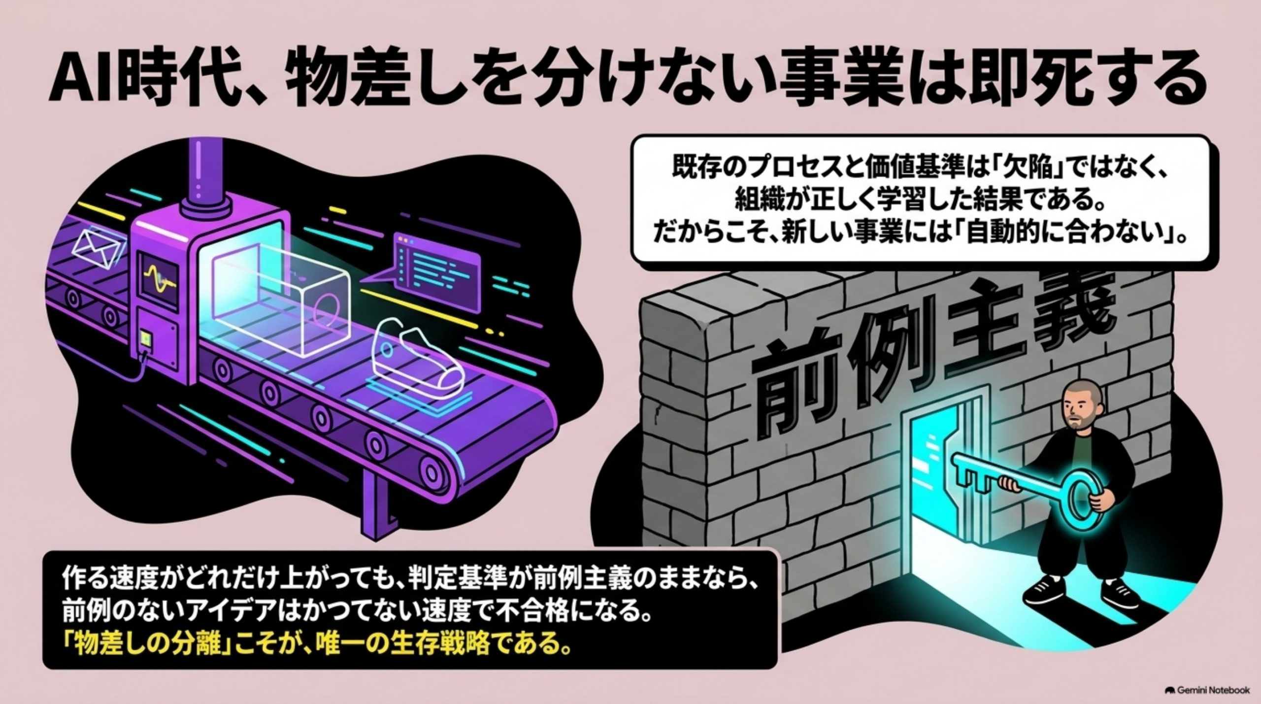 「この考え方が効き続ける理由」を図解したスライド｜この話は、制度の設計ミスの話ではありません