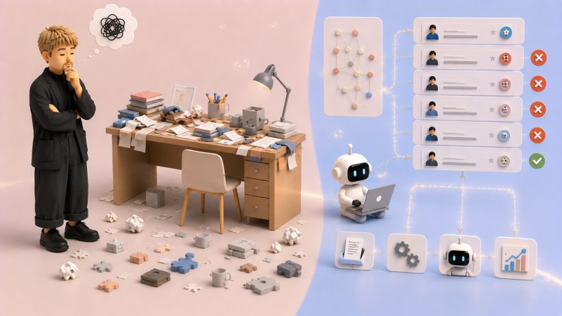 AIエージェントの導入｜進め方6ステップと、業務・ツール・費用の選び方 の全体像をまとめた図解｜部屋を片付けるとき、いつも床から始めます