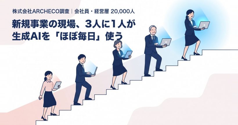 役職が上がるほど生成AIの利用が進む様子を、階段を上るビジネスパーソンと強くなる青い光で表したイラスト。新規事業に関わる人の3人に1人が生成AIをほぼ毎日使う（株式会社ARCHECO・2万人実態調査）