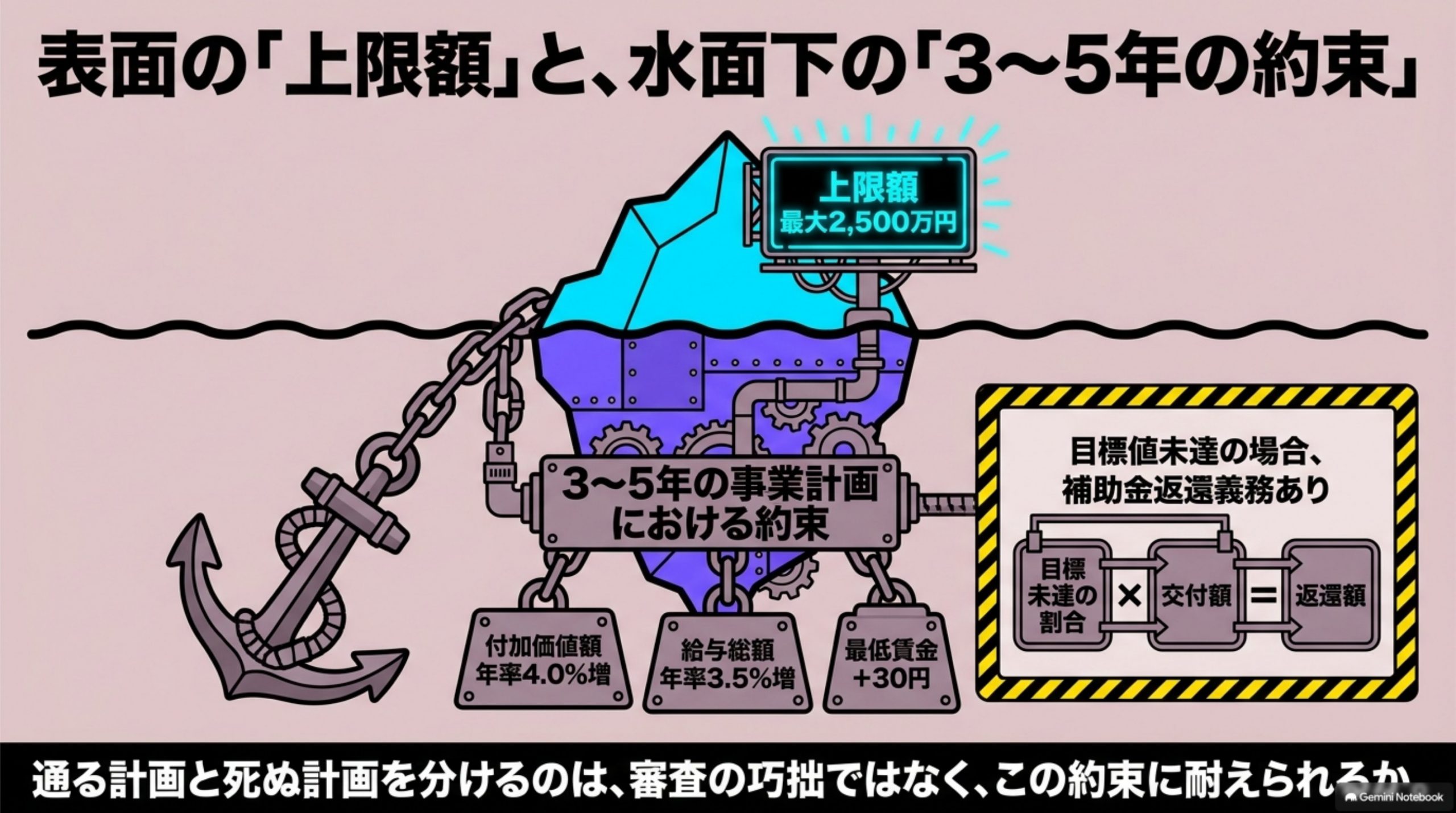 「表面の悩みは「どれが一番大きいか」、本当に止まる場所はその一段下」を図解したスライド｜補助金を探し始めた人が最初に並べるのは、上限額です