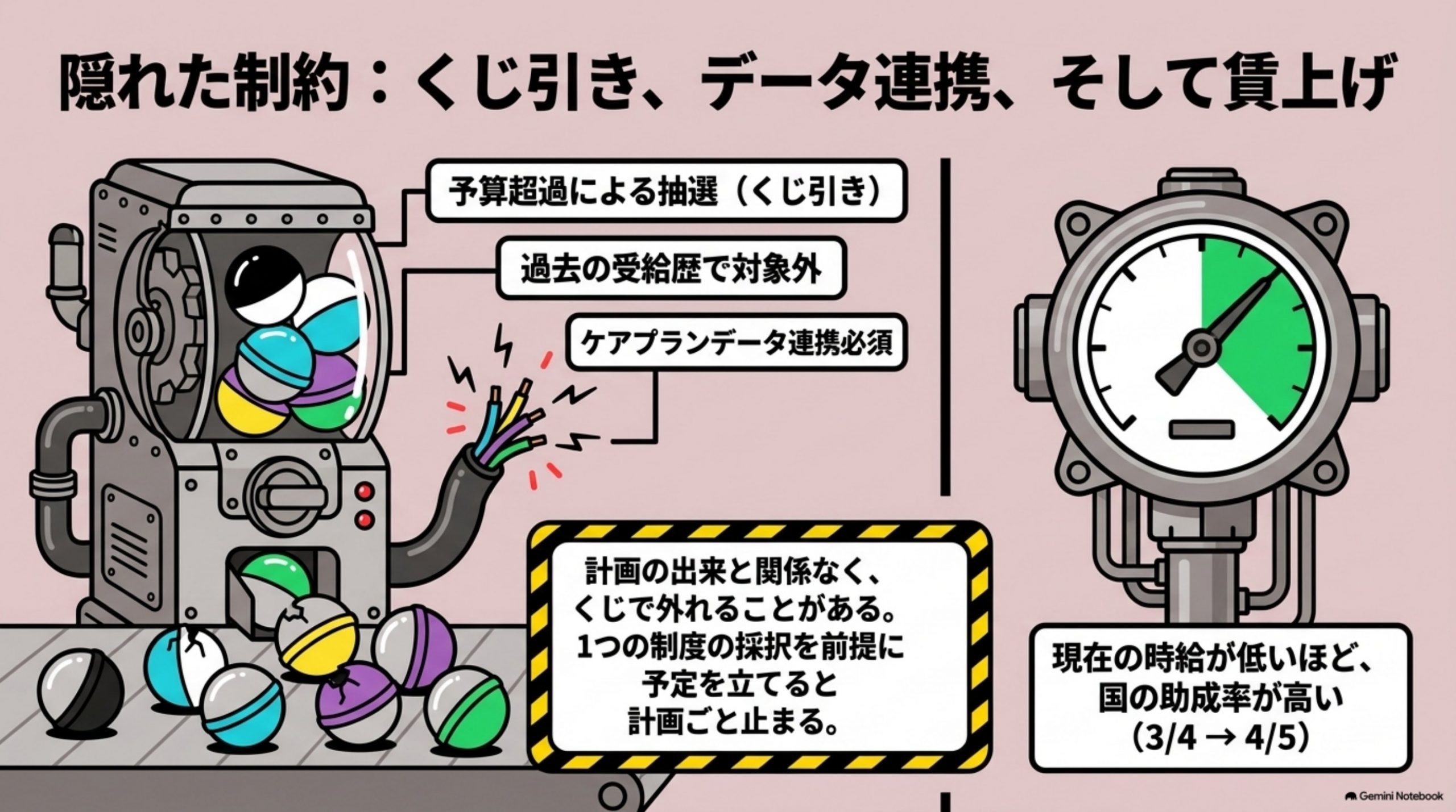 「優劣ではなく、目的で選ぶ」を図解したスライド｜表の「◎」は、その制度が他より偉いという印ではありません