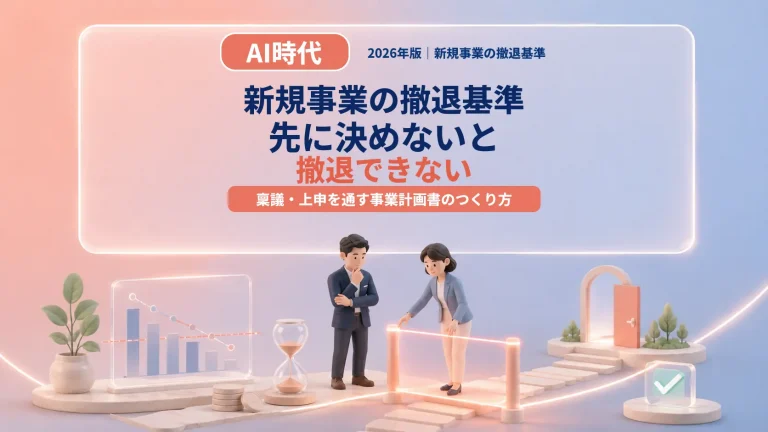 新規事業の撤退基準の全体像｜財務・市場顧客・事業運営の3層の指標、設計5原則、撤退シナリオ3パターン