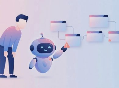 AIロボットが自分の作業過程のカード列を指し示し、注意点まで正直に見せるフラットイラスト