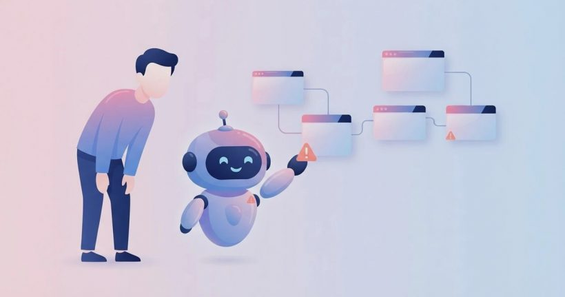 AIロボットが自分の作業過程のカード列を指し示し、注意点まで正直に見せるフラットイラスト