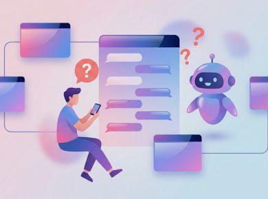 チャット画面の長い往復ラリーにスマートフォンを手に当惑する人と、反対側に浮かぶ友好的なロボットのフラットイラスト