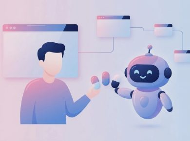 AIロボットが、始めたばかりの人に3つの選択肢を差し出すフラットイラスト
