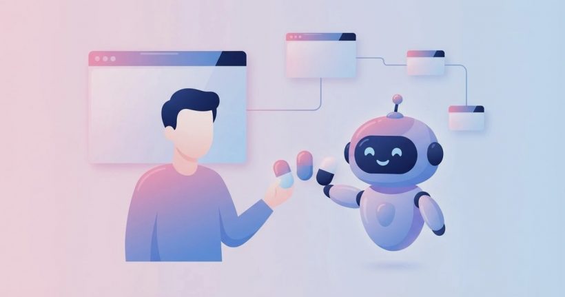 AIロボットが、始めたばかりの人に3つの選択肢を差し出すフラットイラスト