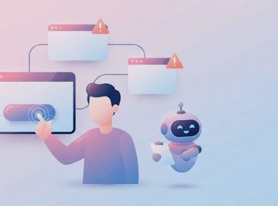 人がボタンを連打してテストし、AIロボットがメモを取って見守るフラットイラスト