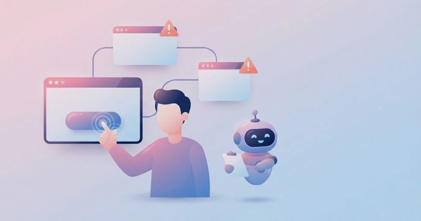 人がボタンを連打してテストし、AIロボットがメモを取って見守るフラットイラスト