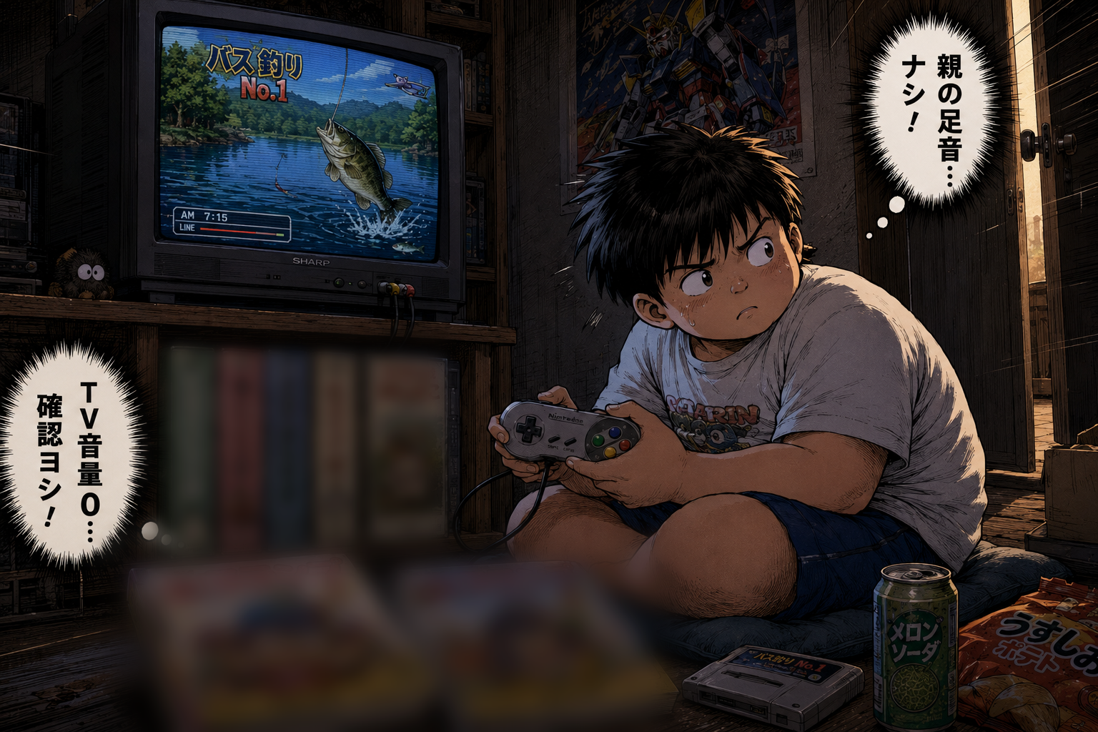 音量0のテレビでバス釣りゲームを進めながら、親の足音がしないか気を張る子どものイラスト。手にはスーパーファミコンのコントローラー、傍らに偽装用の漫画とVHSテープ