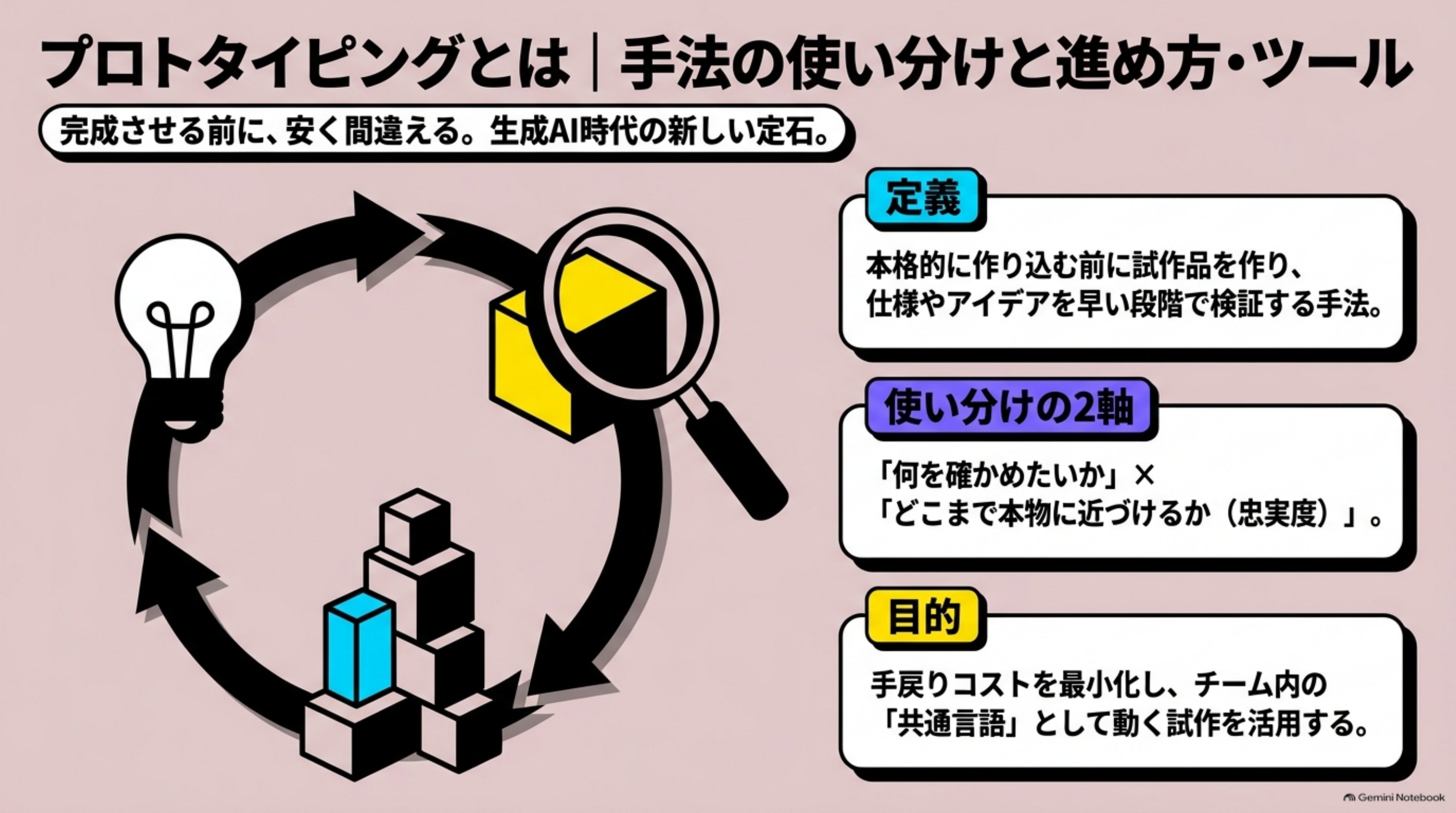 「プロトタイピングとは｜手法の使い分けと進め方・ツール」の全体像をまとめた図解｜プロトタイピングとは、本格的に作り込む前に試作品（プロトタイプ)を作り、アイデアや仕様を早い段階で検証する手法です