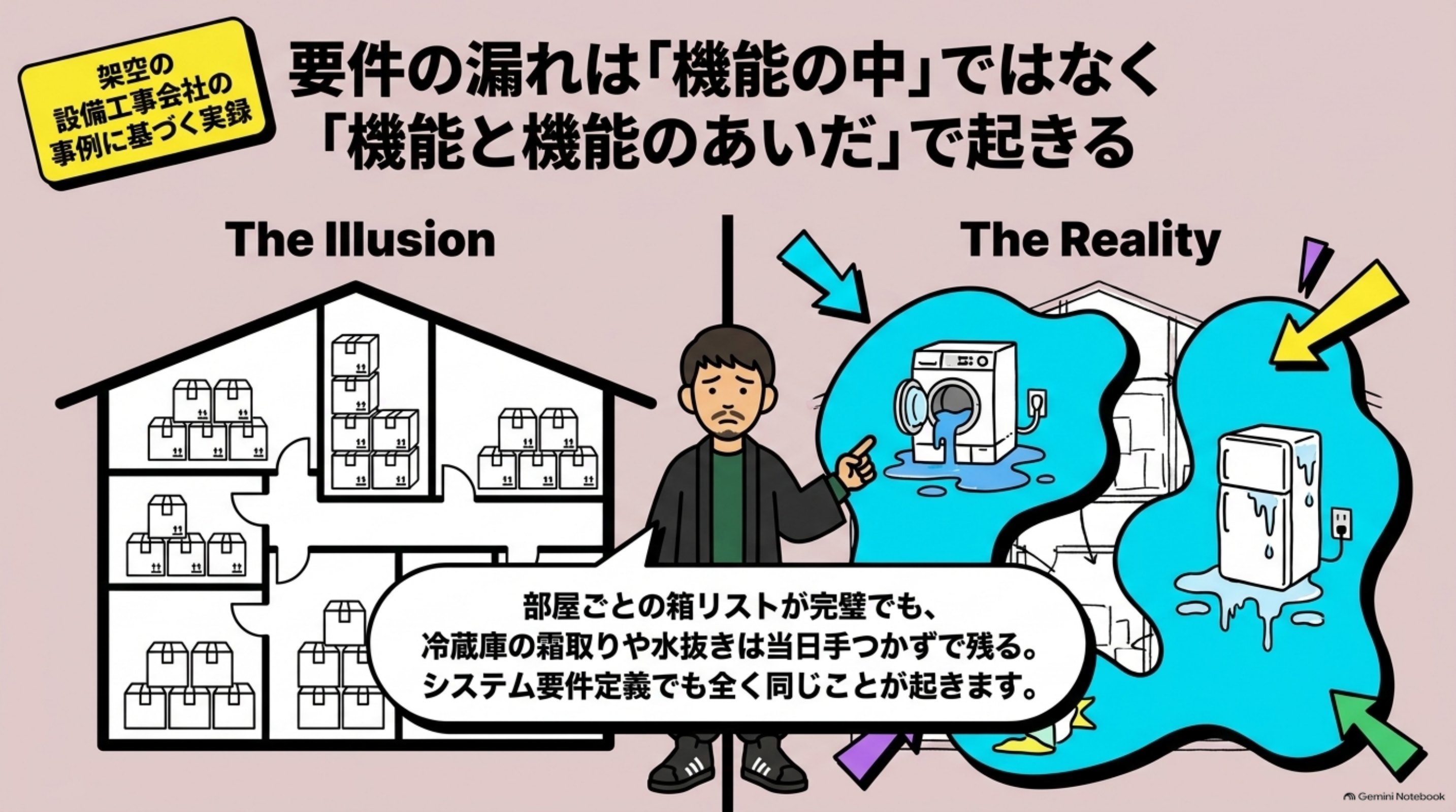「要件定義の進め方｜工程と成果物・詰まりの実録」の全体像をまとめた図解｜要件定義の進め方は、ヒアリングで業務を聞き取り、要件を整理し、要件定義書にまとめ、レビューと承認で確