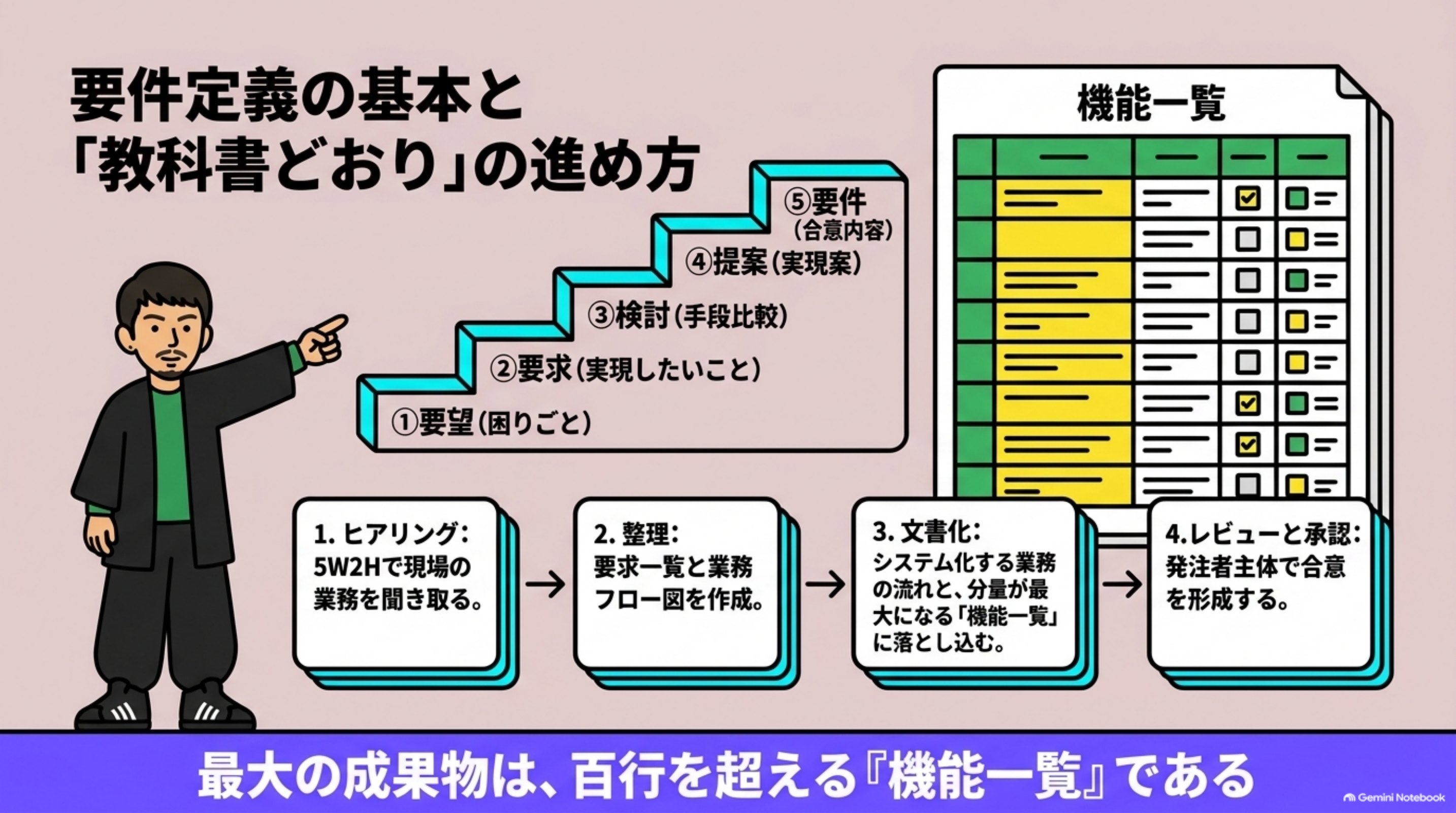 「教科書どおりに、要件定義を進めてみる」を図解したスライド｜要件定義とは、システムで実現することを、開発が始まる前に確定させる工程です