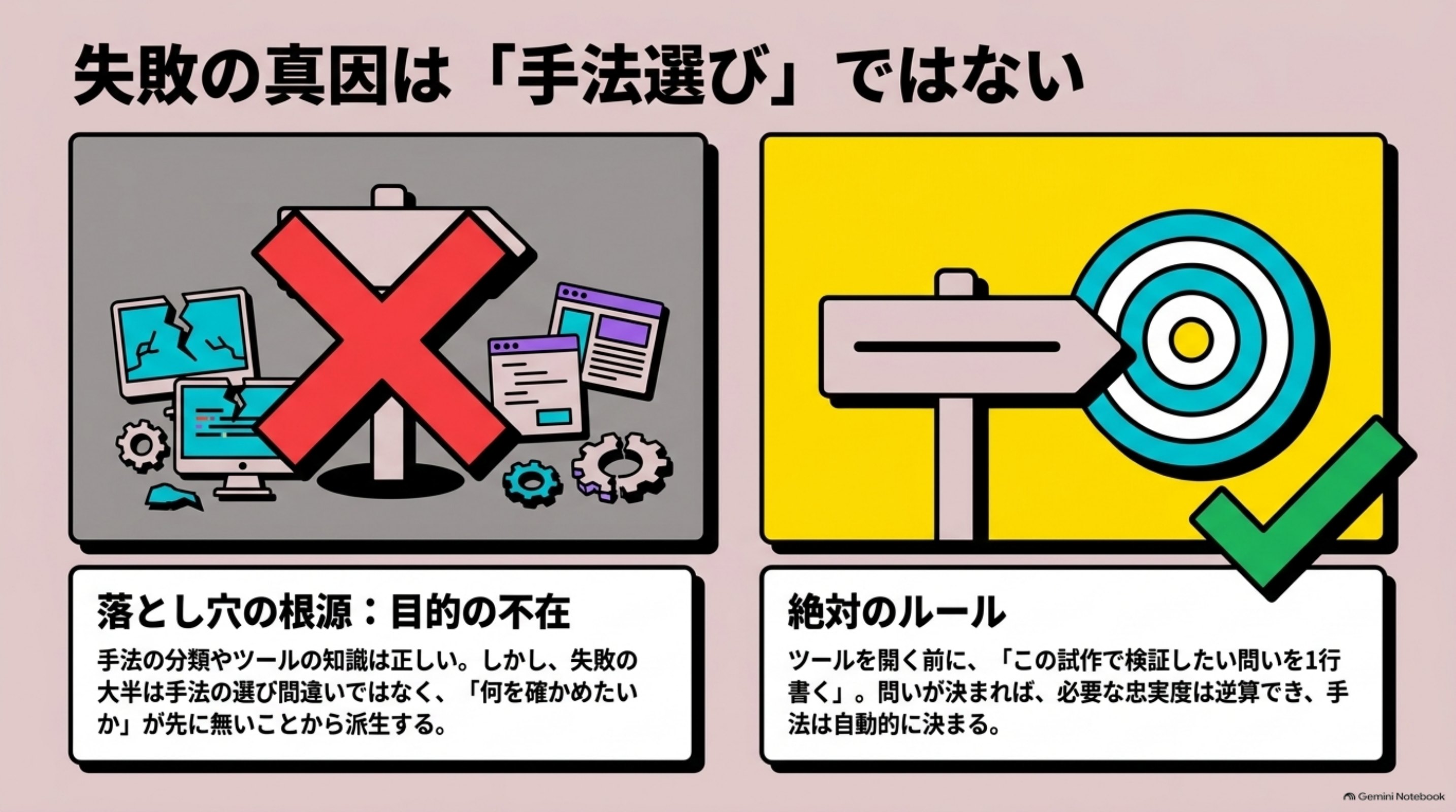 「手法の分類は正しい。ただし失敗の原因は手法選びではない」を図解したスライド｜ここまで、忠実度の考え方、手法の4系統、問いから逆算する早見表を整理してきました