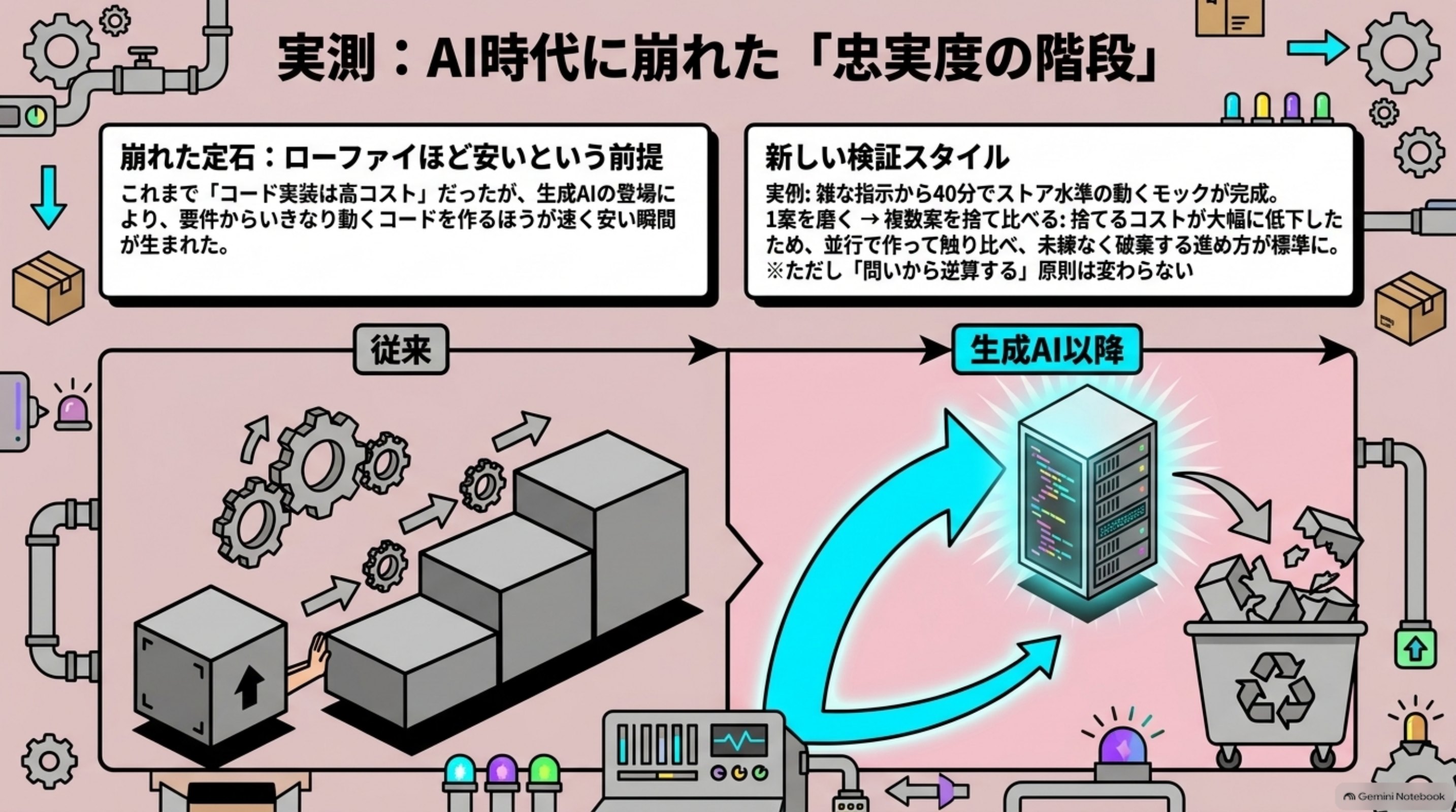 「実測：AI時代にプロトタイピングの定石はどう変わったか」を図解したスライド｜この記事を発信しているARCHECOは、AIプロダクト開発の支援会社です