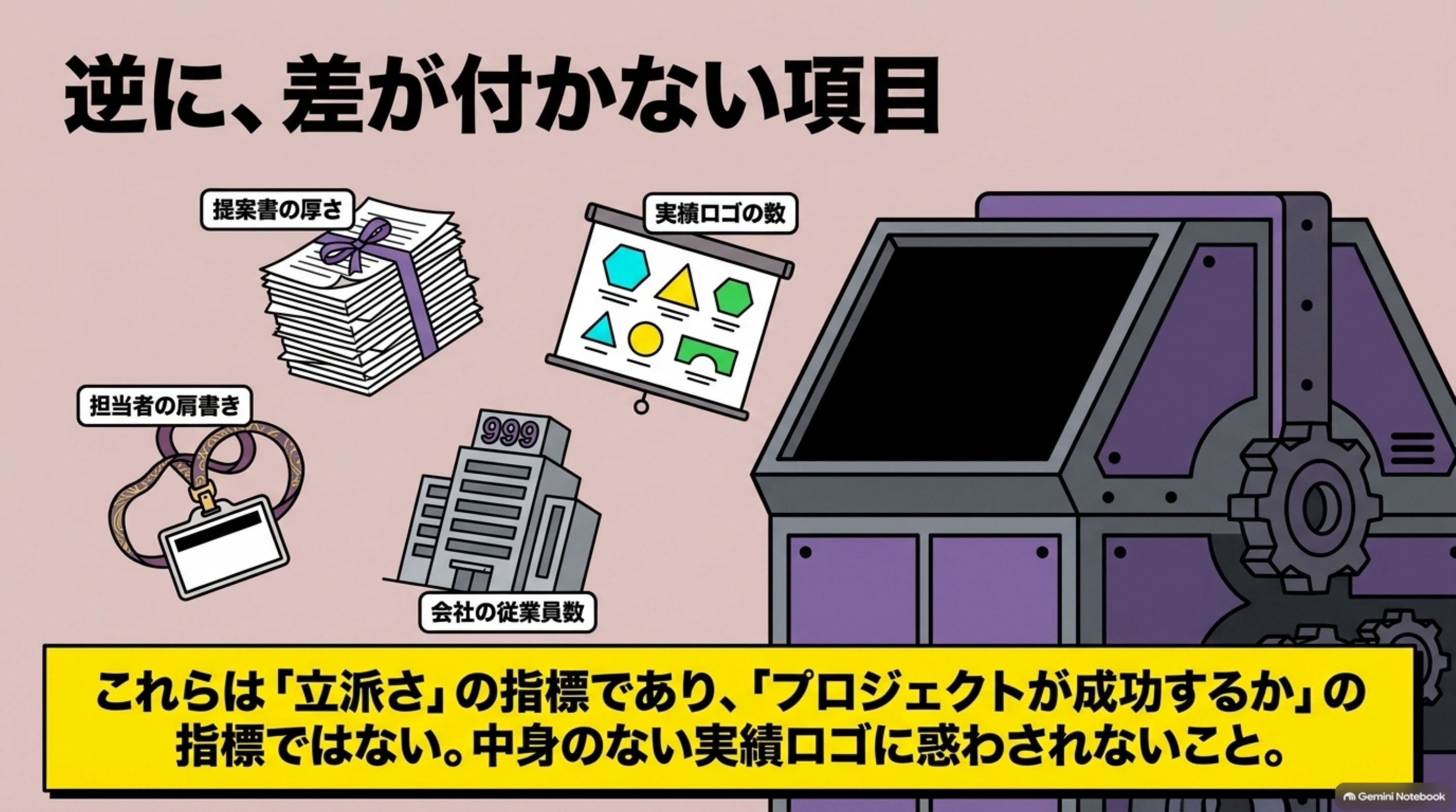 「⑦ 逆に、差が付かない項目」を図解したスライド｜逆に、選定の場で重視されがちなのに、実際の成否とほぼ相関しない項目もあります。