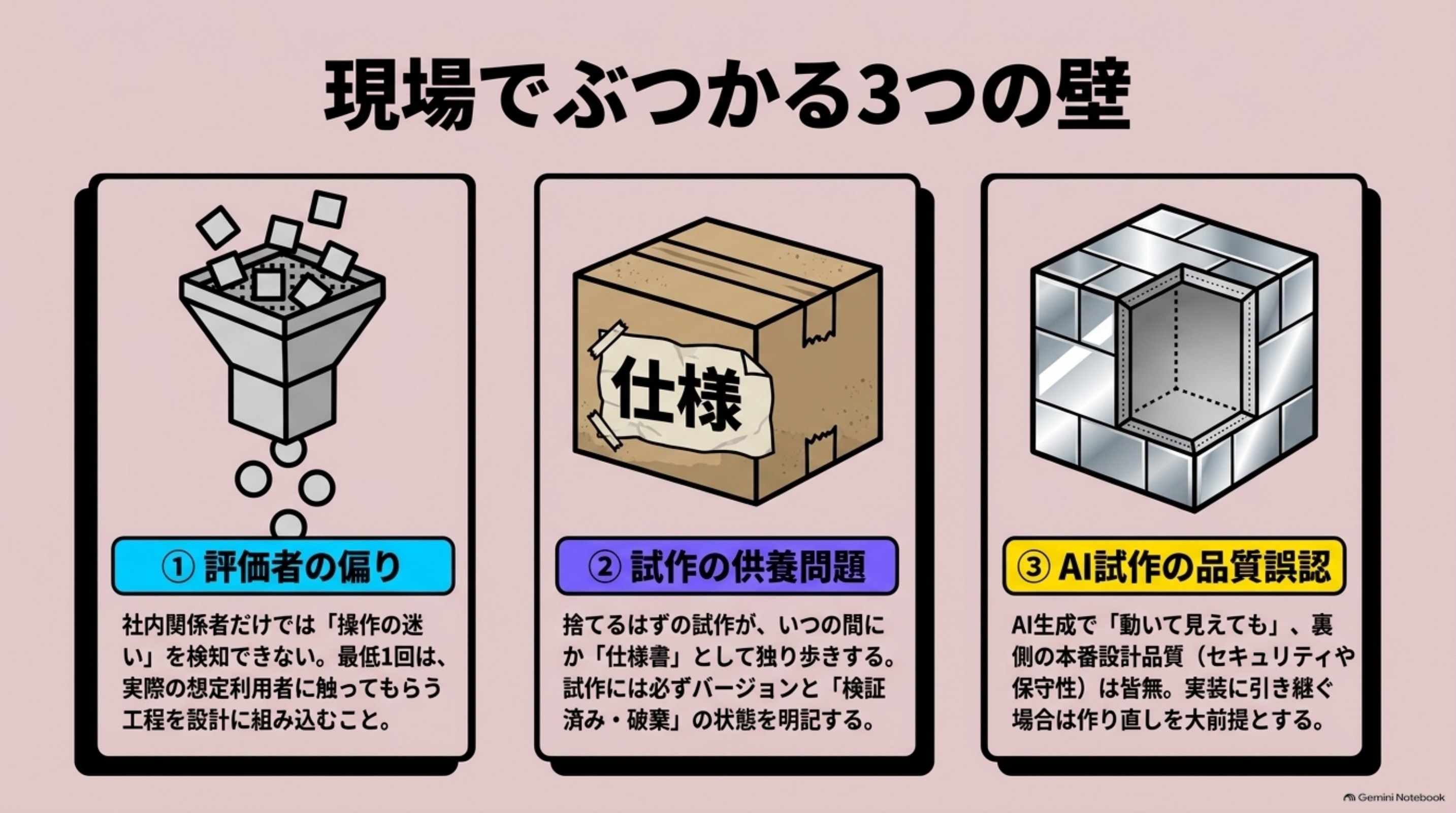 「現場の壁」を図解したスライド｜手法を正しく選んでも、運用でぶつかる壁があります