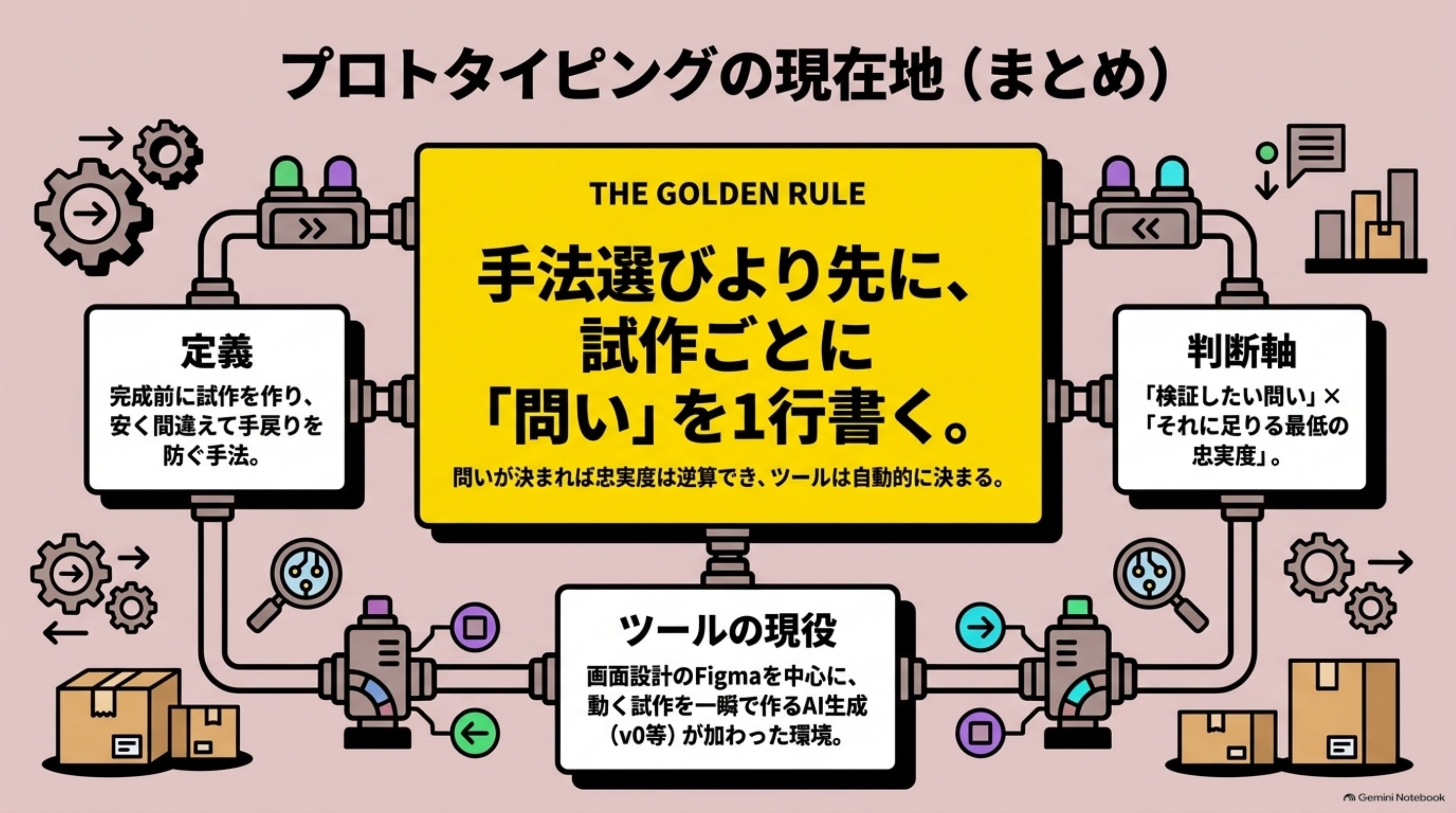 「まとめ」を図解したスライド｜プロトタイピングとは、完成前に試作で検証する手法であり、使い分けの軸は「検証したい問い」と「それに足りる最低の忠実度」の2つです