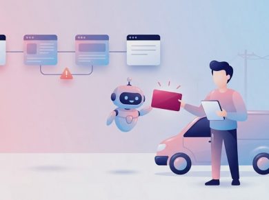 作業車のそばでタブレットを持つ作業員に、AIロボットが依頼カードを直接手渡し、背後に受付から報告書までの4枚のカードの流れと電柱が描かれたフラットイラスト