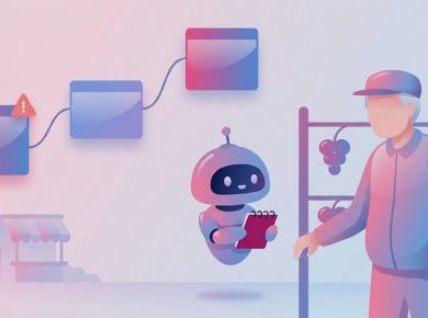 ぶどう棚のそばに立つ帽子をかぶった年配の農園主と、ノートを持って話を聞くAIロボット。上空に繁閑を表す3枚のカードの流れ、背景に直売所の小屋を描いたフラットイラスト