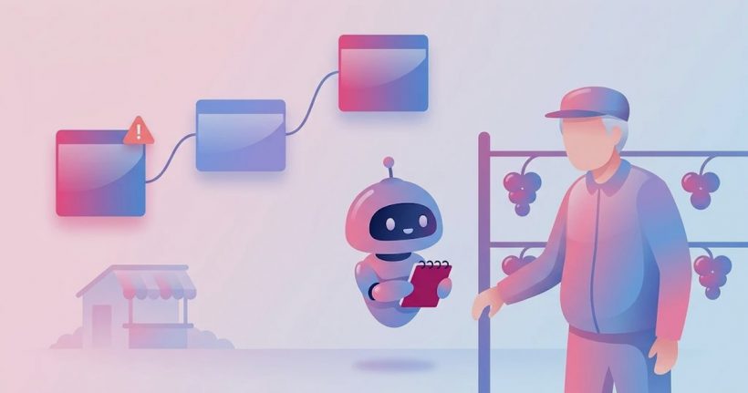 ぶどう棚のそばに立つ帽子をかぶった年配の農園主と、ノートを持って話を聞くAIロボット。上空に繁閑を表す3枚のカードの流れ、背景に直売所の小屋を描いたフラットイラスト
